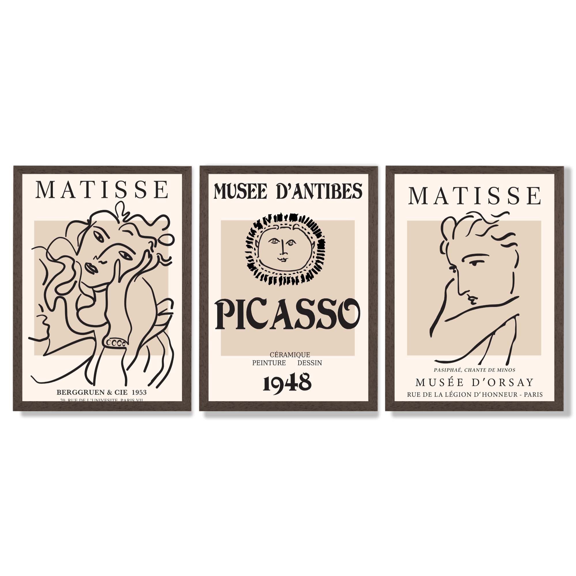 Set of 3 Beige Matisse and Picasso Modern Fashion Framed Wall Art with Dark Wood Frames