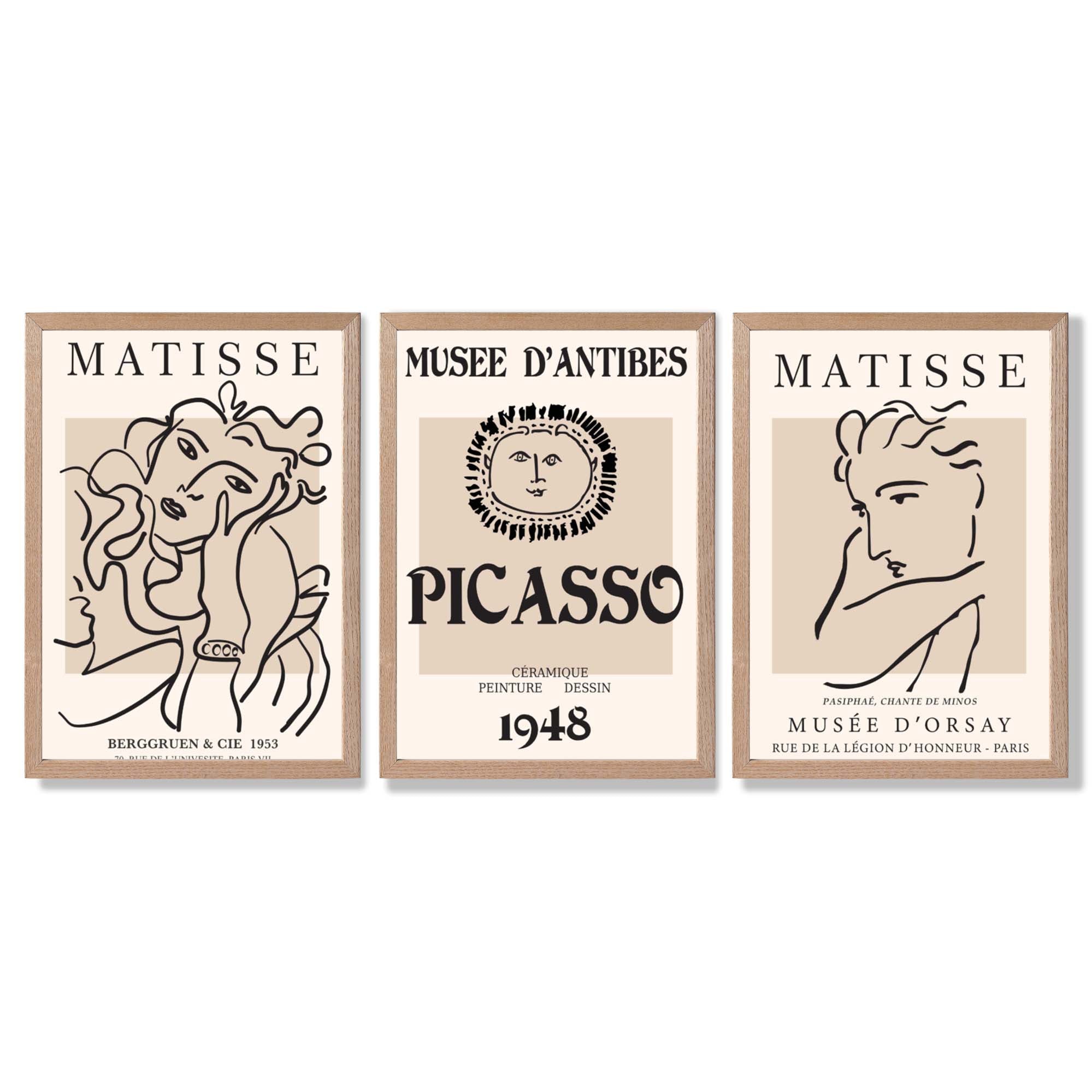 Set of 3 Beige Matisse and Picasso Modern Fashion Framed Wall Art with Light Oak Frames