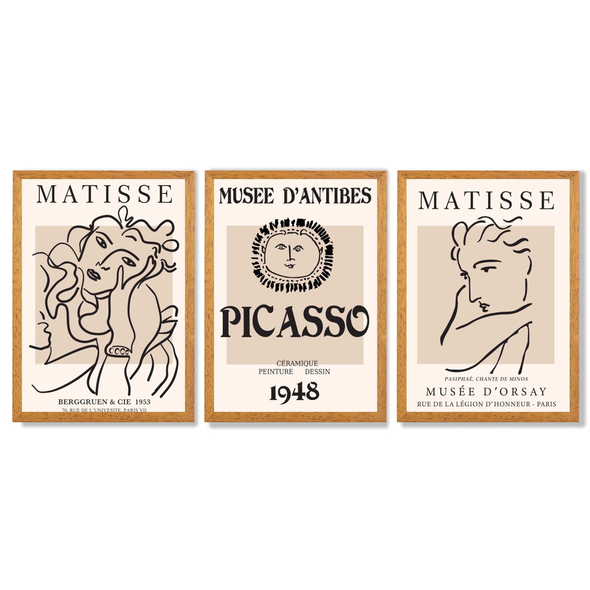 Set of 3 Beige Matisse and Picasso Modern Fashion Framed Wall Art with Oak Wooden Frames