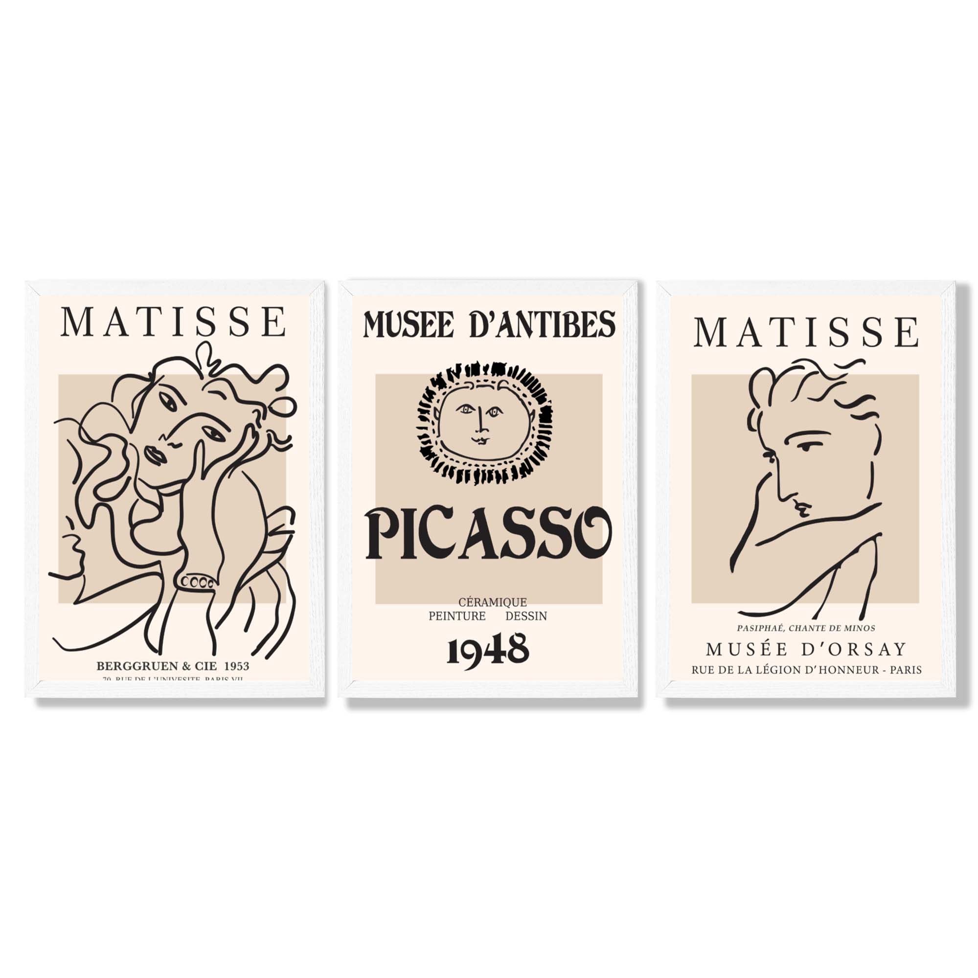 Set of 3 Beige Matisse and Picasso Modern Fashion Framed Wall Art with White Wooden Frames