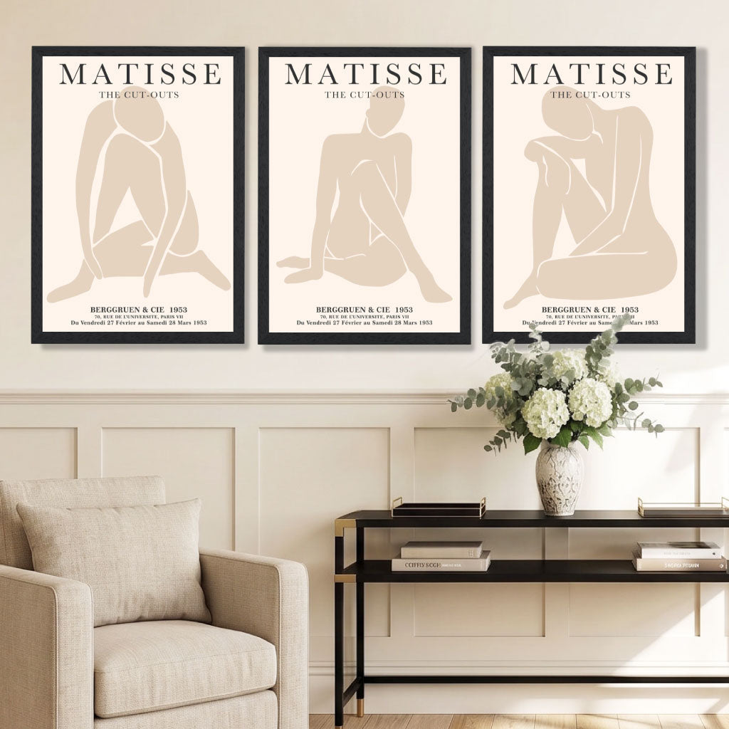 Set of 3 Beige Matisse Nude Cutouts Bedroom Framed Wall Art with Black Wooden Frames