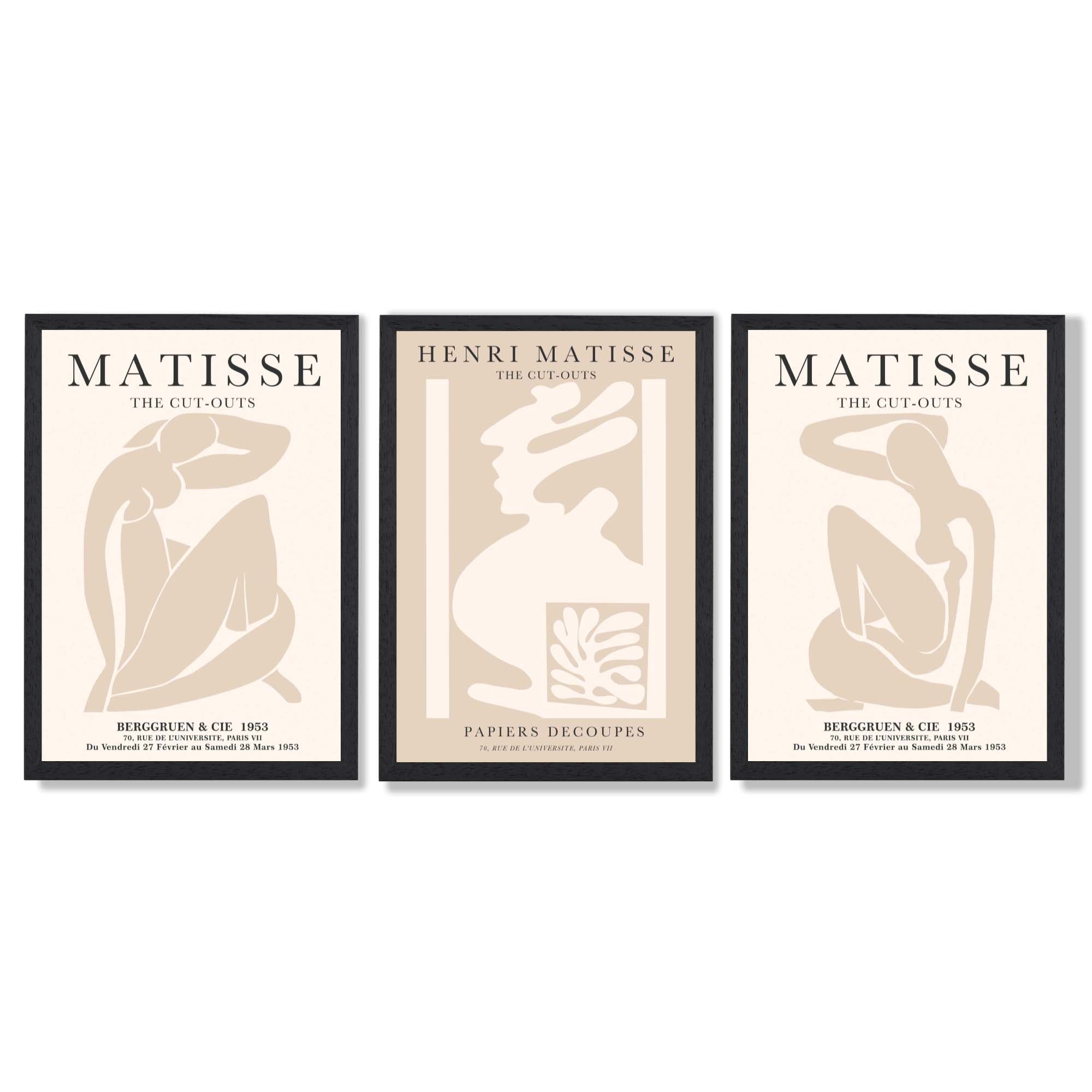 Set of 3 Matisse Neutral Fashion Bedroom Framed Wall Art with Black Wooden Frames