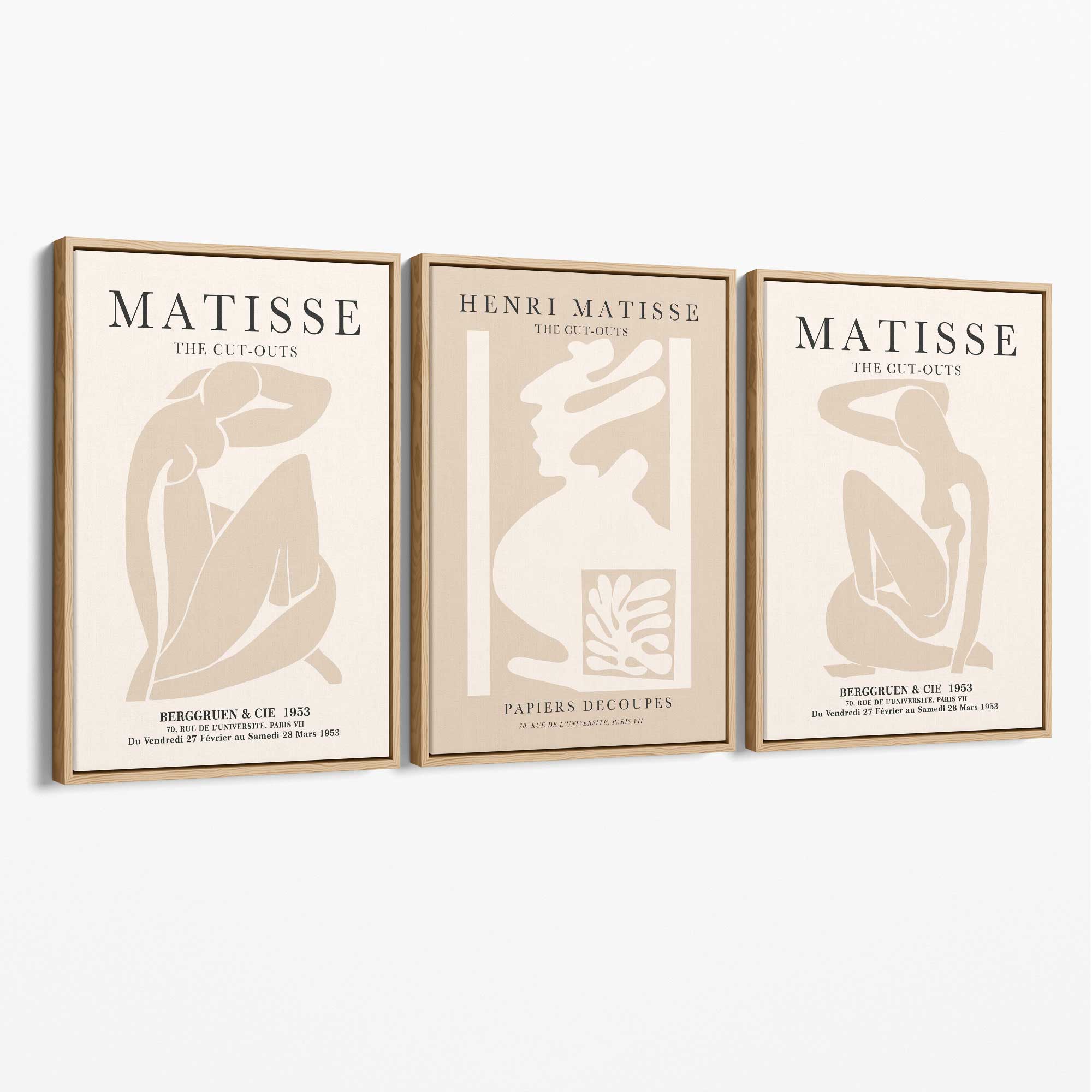 Set of 3 Matisse Neutral Fashion Bedroom Canvas Prints with Oak Float Frame