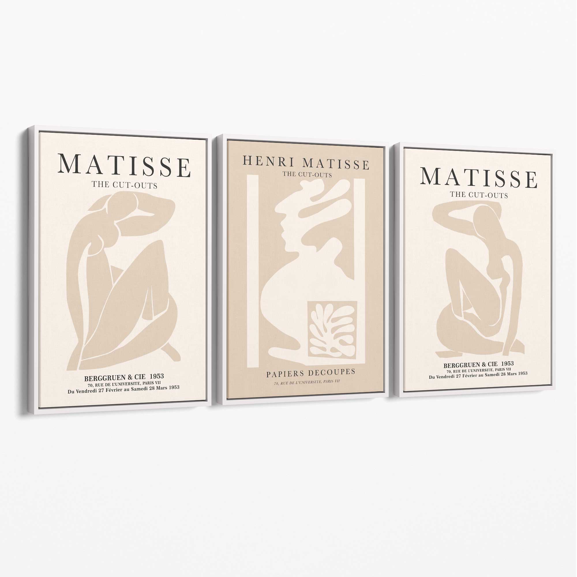 Set of 3 Matisse Neutral Fashion Bedroom Canvas Prints with White Float Frame