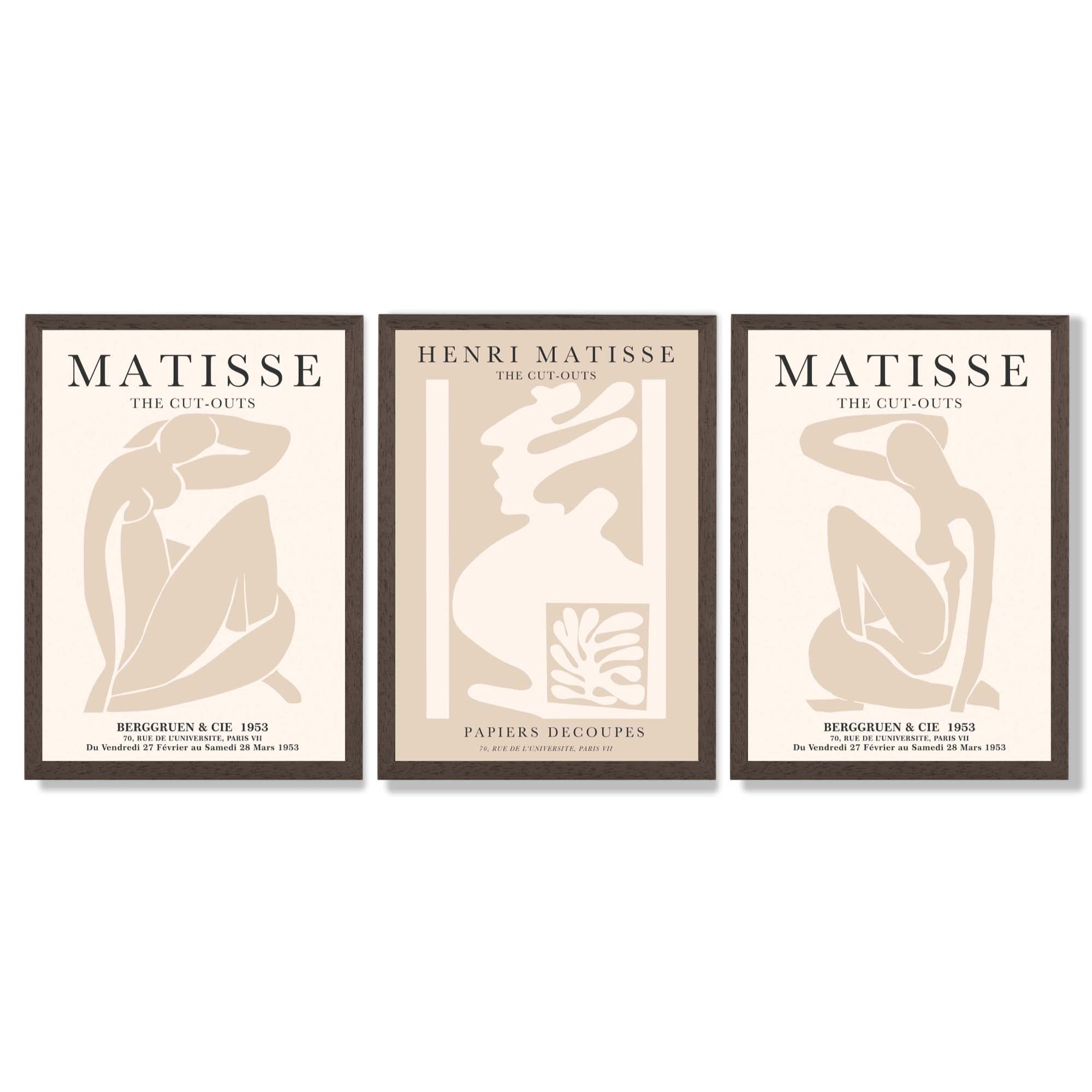 Set of 3 Matisse Neutral Fashion Bedroom Framed Wall Art with Dark Wood Frames