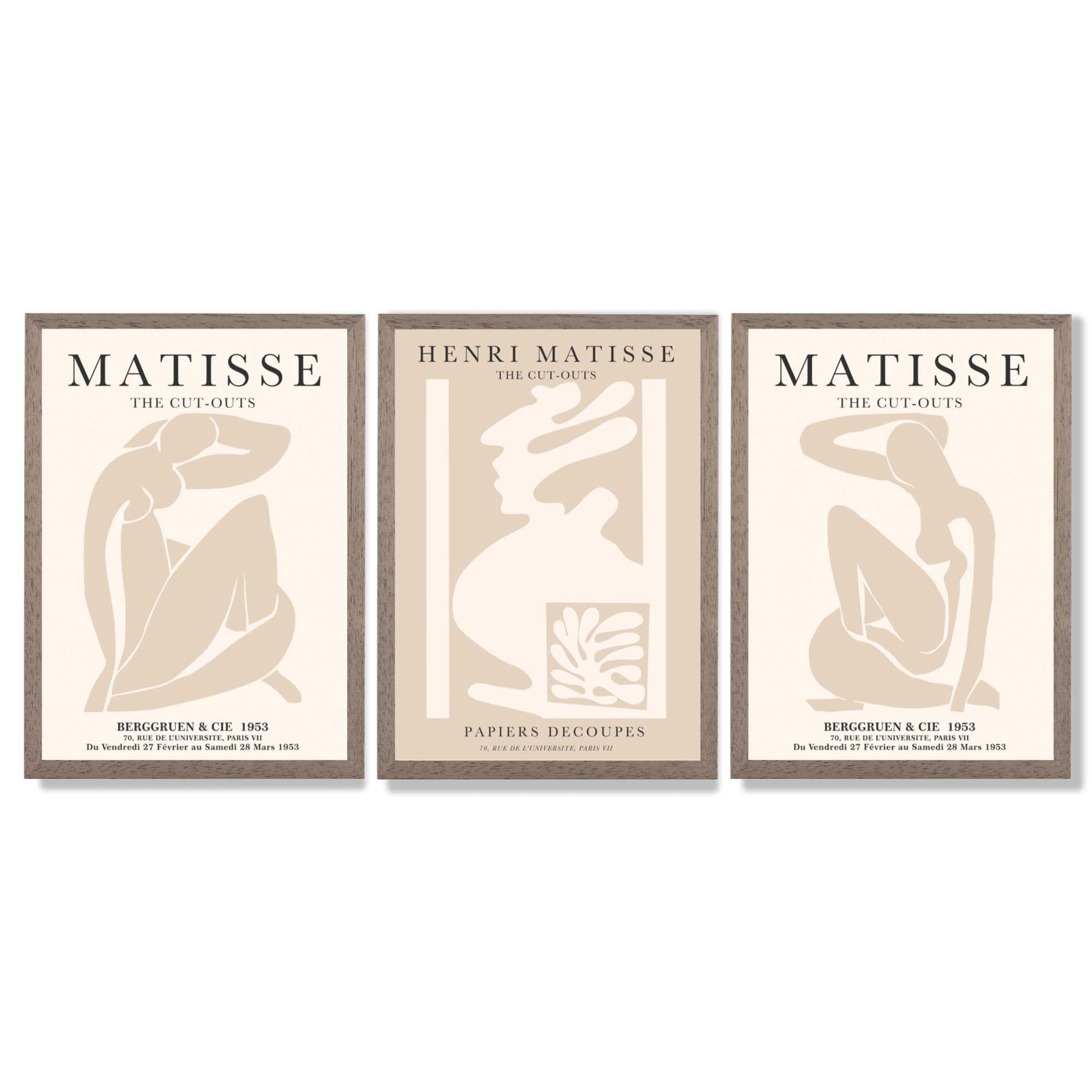 Set of 3 Matisse Neutral Fashion Bedroom Framed Wall Art with Light Walnut Frames
