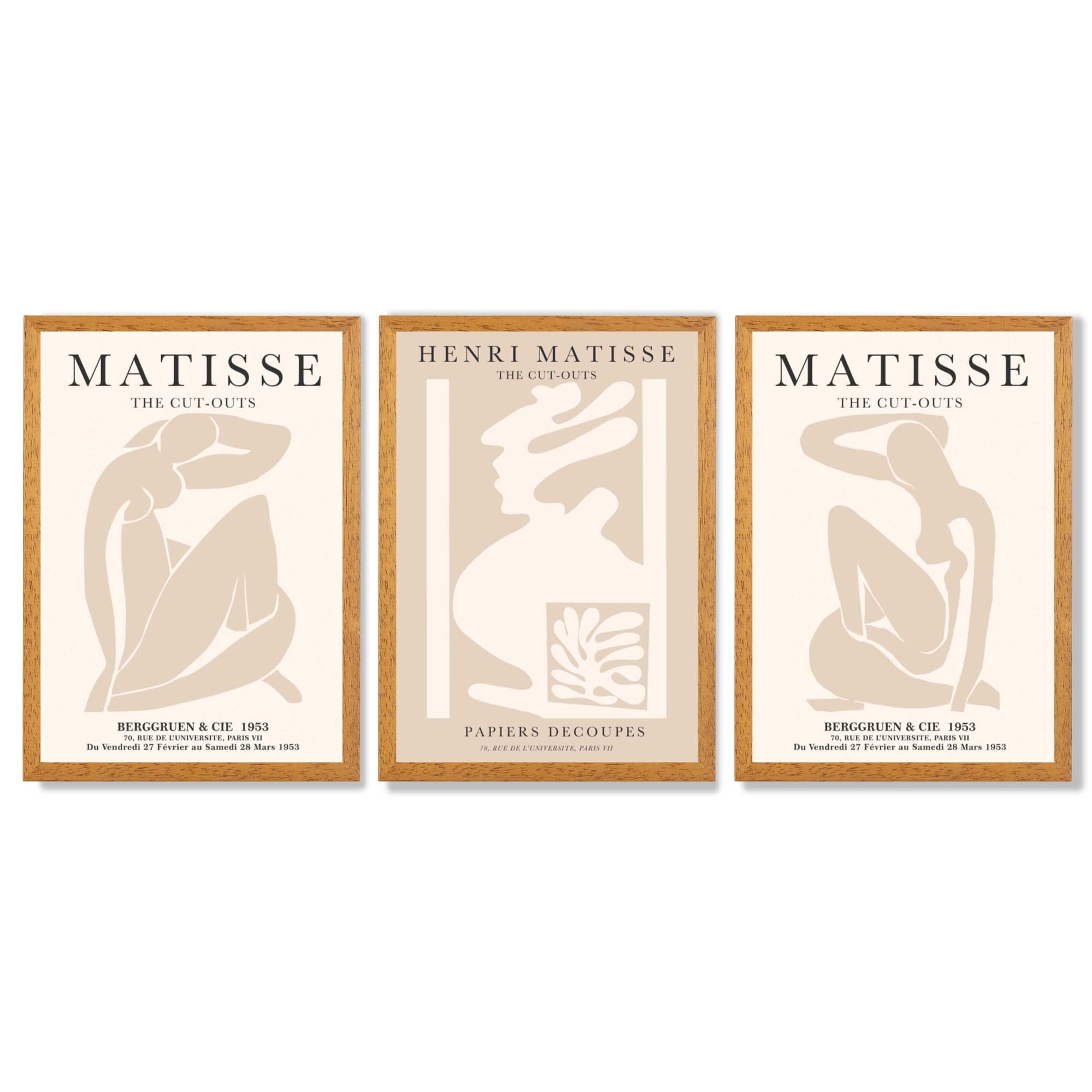 Set of 3 Matisse Neutral Fashion Bedroom Framed Wall Art with Oak Wooden Frames