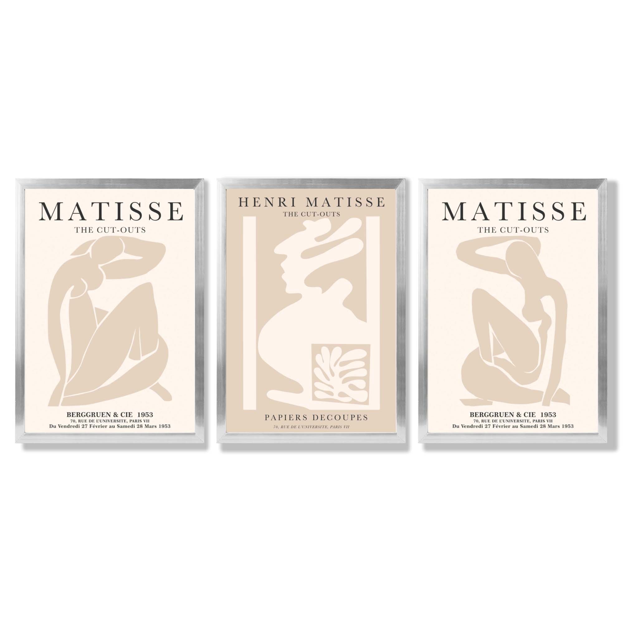 Set of 3 Matisse Neutral Fashion Bedroom Framed Wall Art with Silver Wood Frames