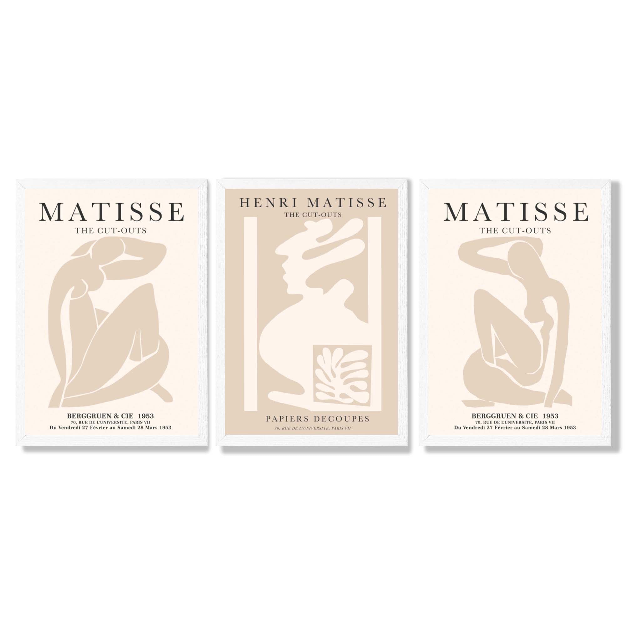 Set of 3 Matisse Neutral Fashion Bedroom Framed Wall Art with White Wooden Frames