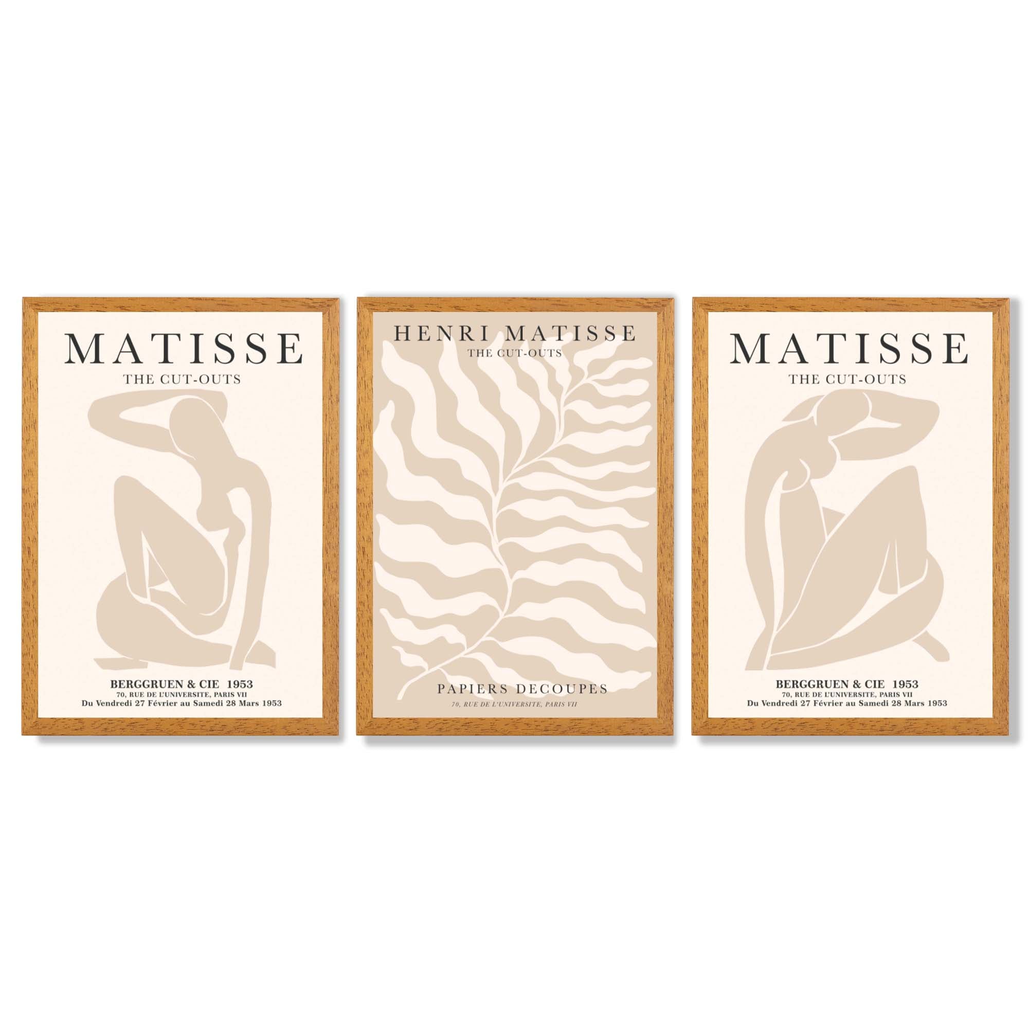 Set of 3 Matisse Warm Minimalist Framed Wall Art with Oak Wooden Frames