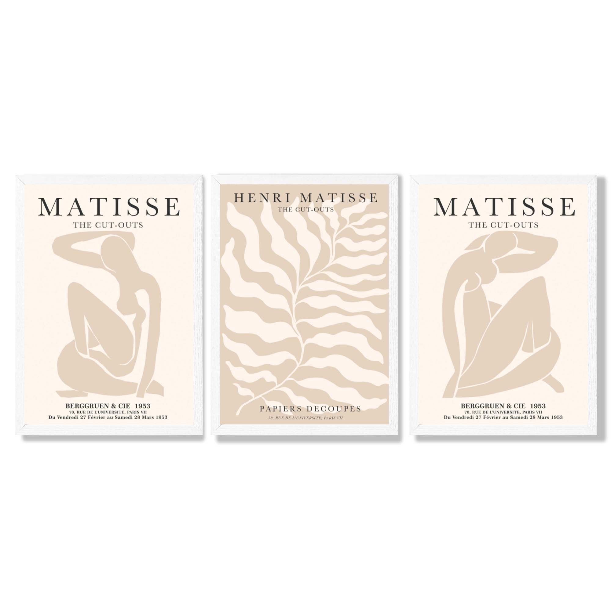 Set of 3 Matisse Warm Minimalist Framed Wall Art with White Wooden Frames