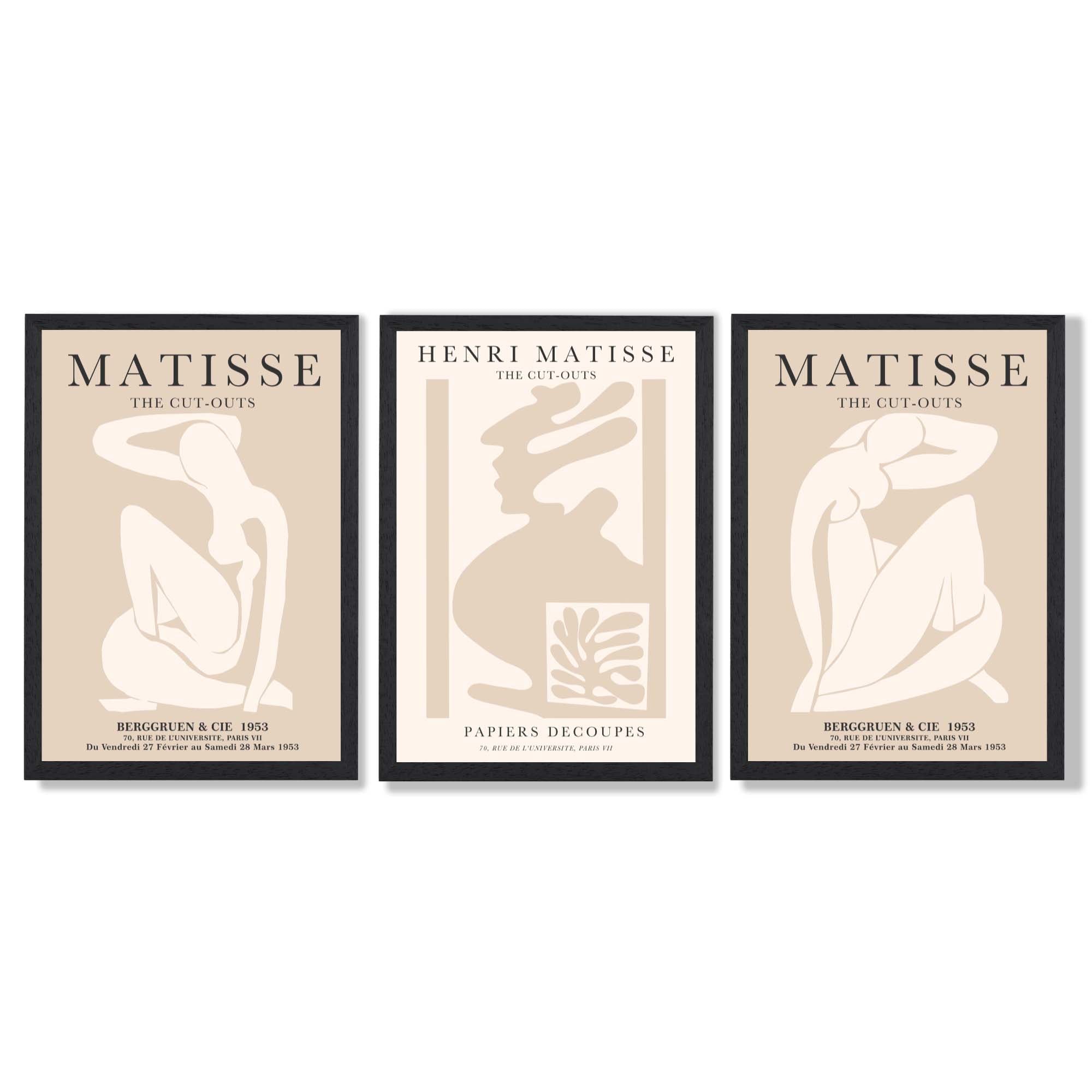 Set of 3 Matisse Minimal Beige Fashion Framed Wall Art with Black Wooden Frames