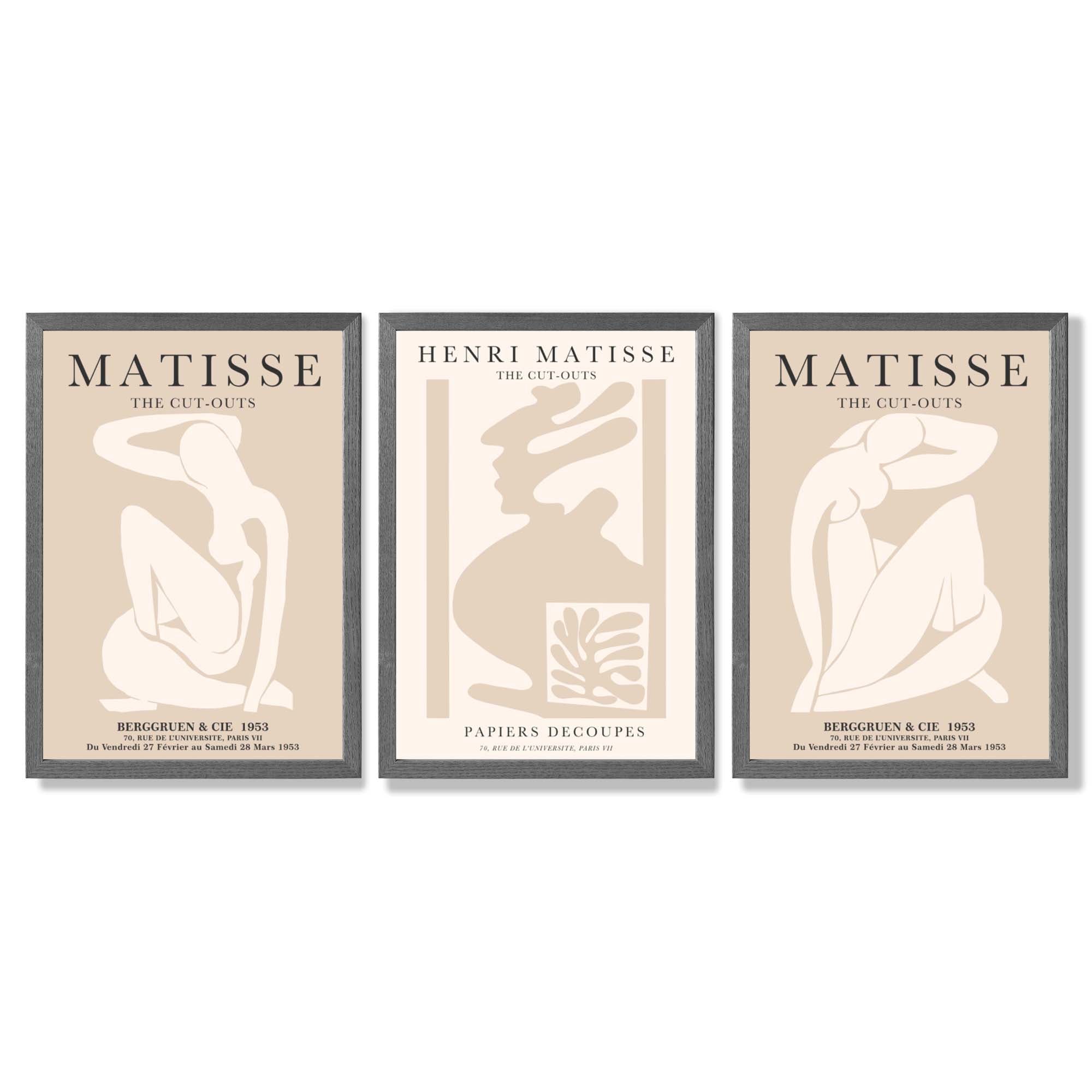 Set of 3 Matisse Minimal Beige Fashion Framed Wall Art with Dark Grey Wooden Frames