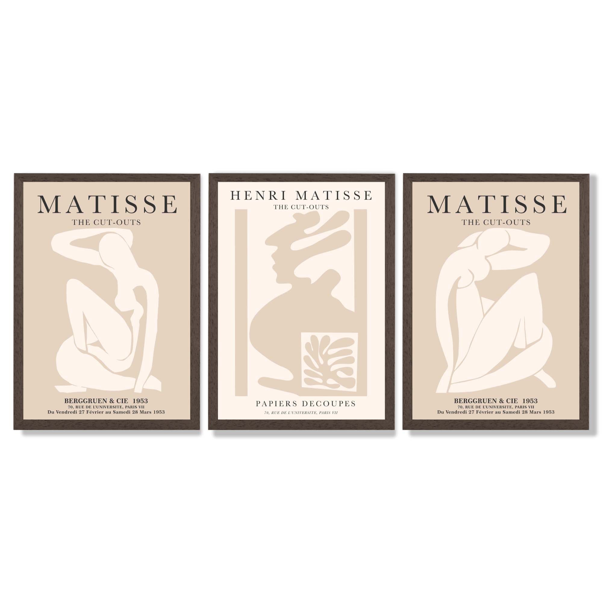 Set of 3 Matisse Minimal Beige Fashion Framed Wall Art with Dark Wood Frames