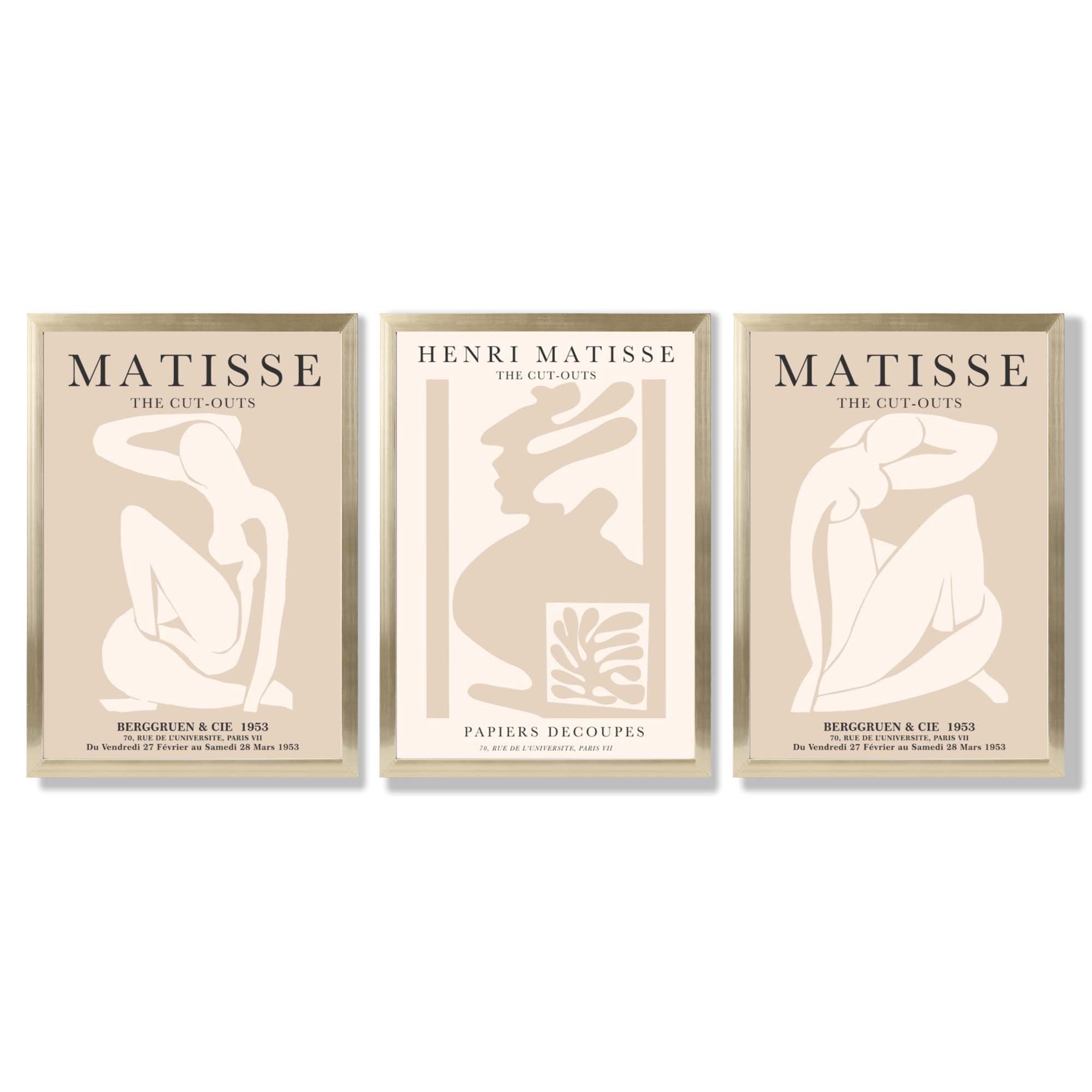 Set of 3 Matisse Minimal Beige Fashion Framed Wall Art with Gold Wood Frames