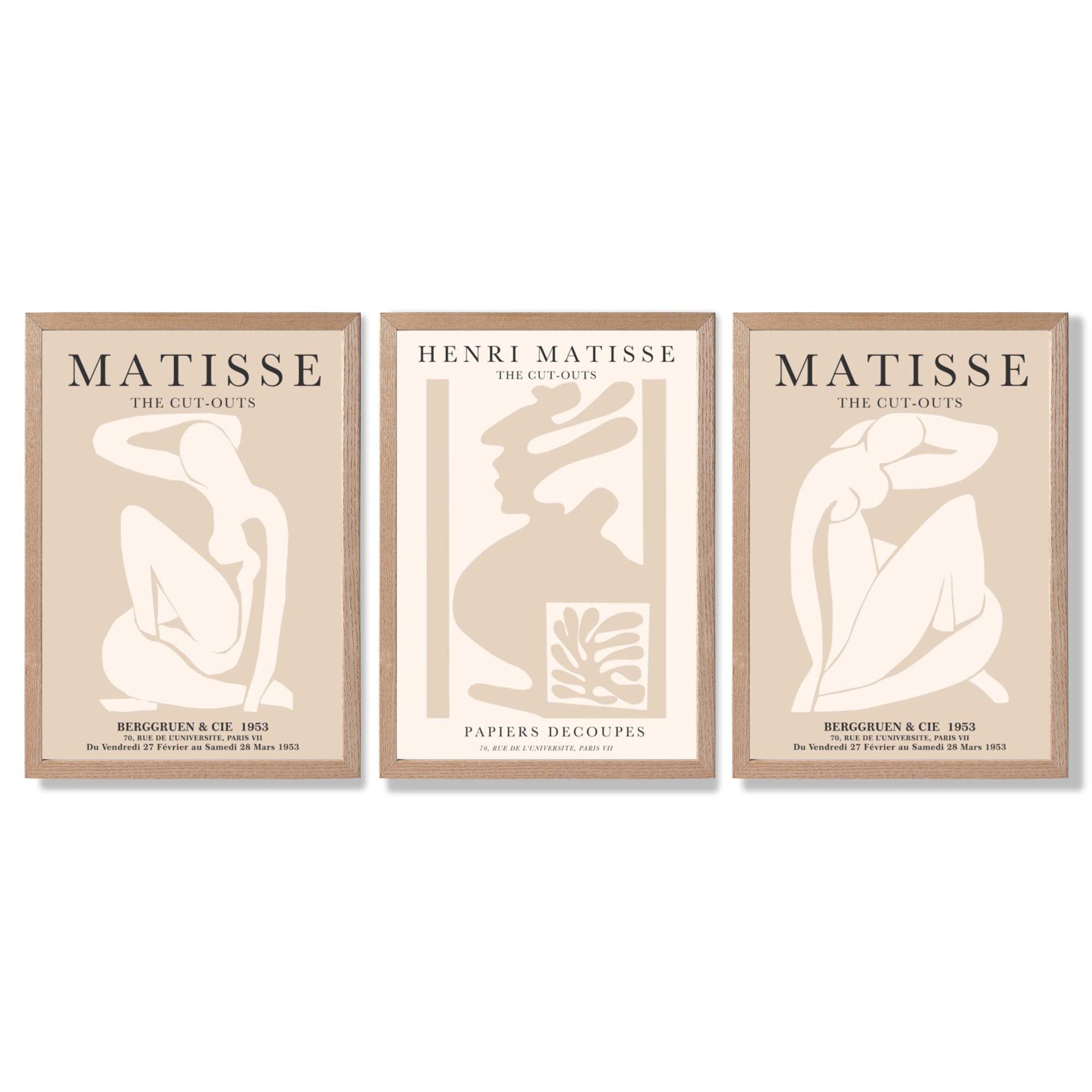 Set of 3 Matisse Minimal Beige Fashion Framed Wall Art with Light Oak Frames