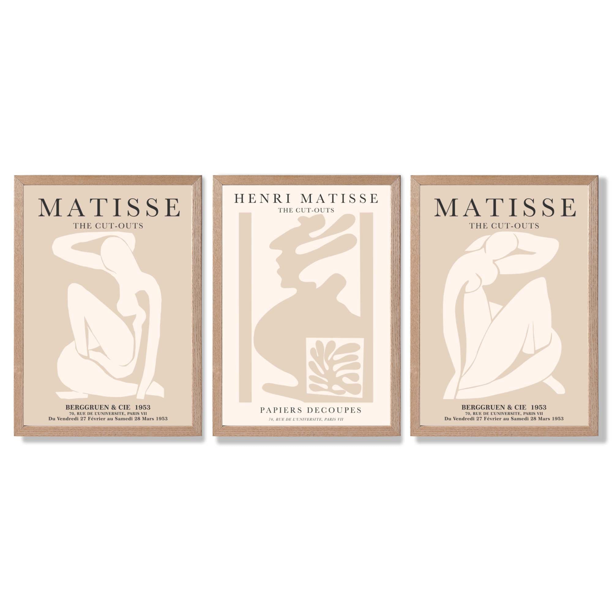 Set of 3 Matisse Minimal Beige Fashion Framed Wall Art with Light Oak Frames