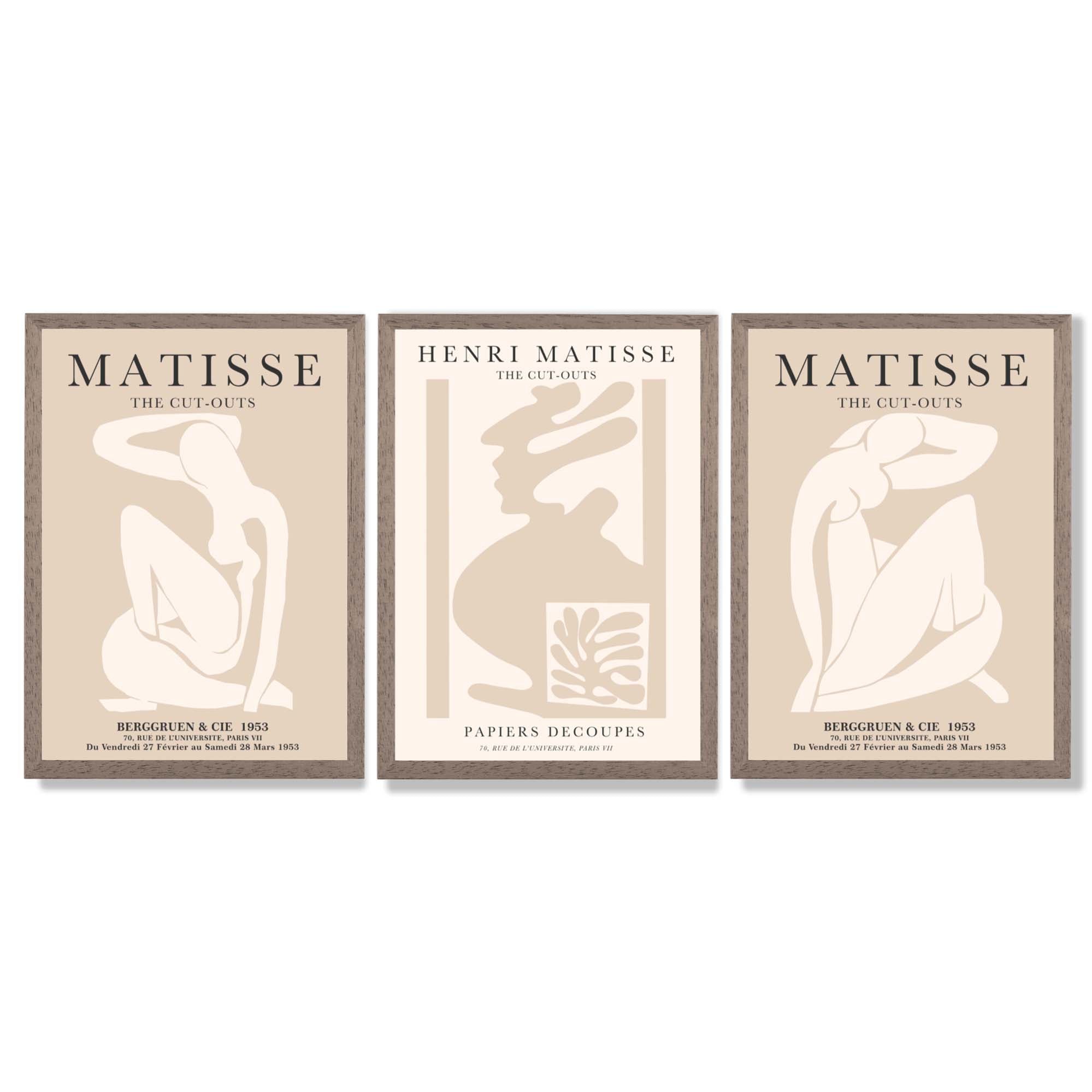 Set of 3 Matisse Minimal Beige Fashion Framed Wall Art with Light Walnut Frames