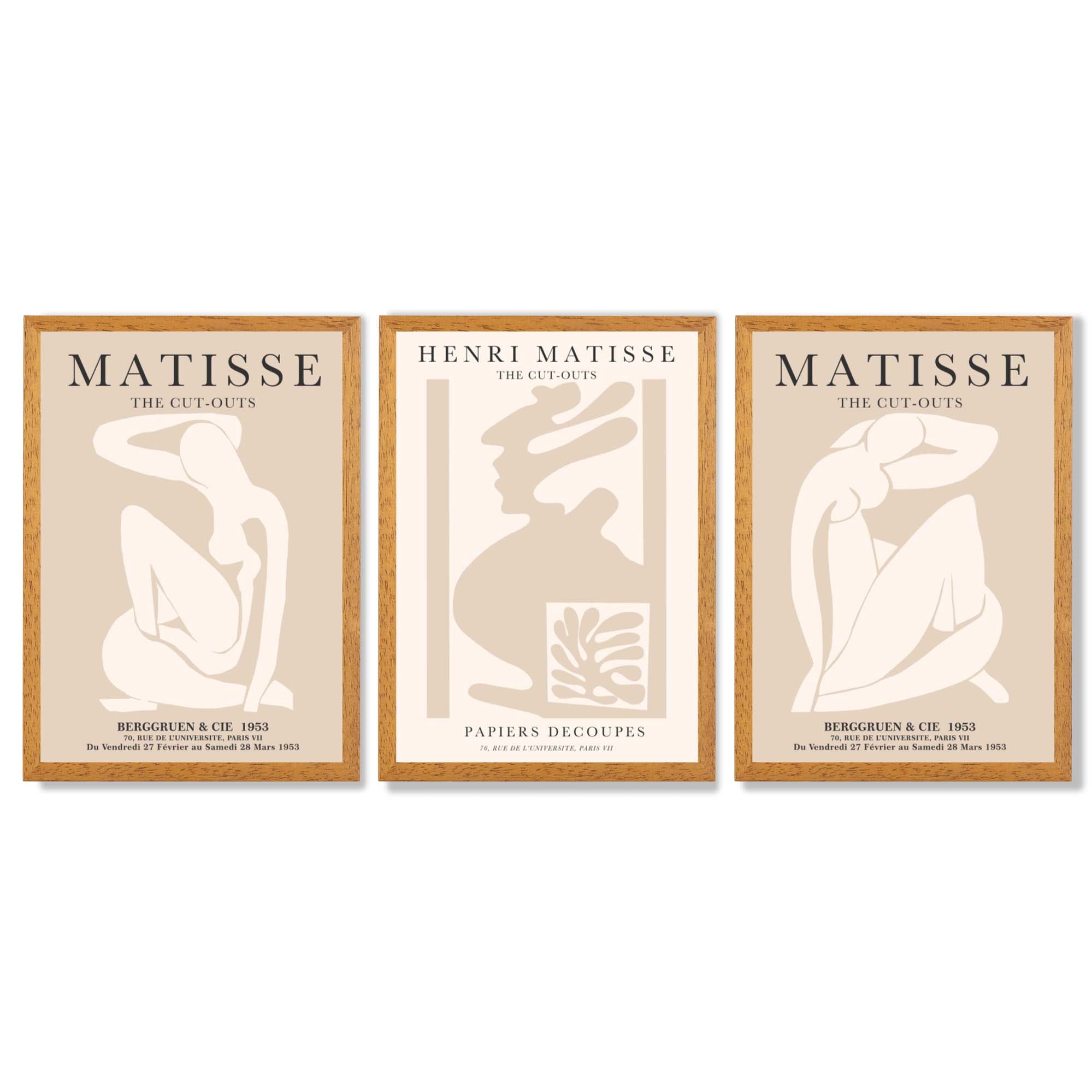 Set of 3 Matisse Minimal Beige Fashion Framed Wall Art with Oak Wooden Frames