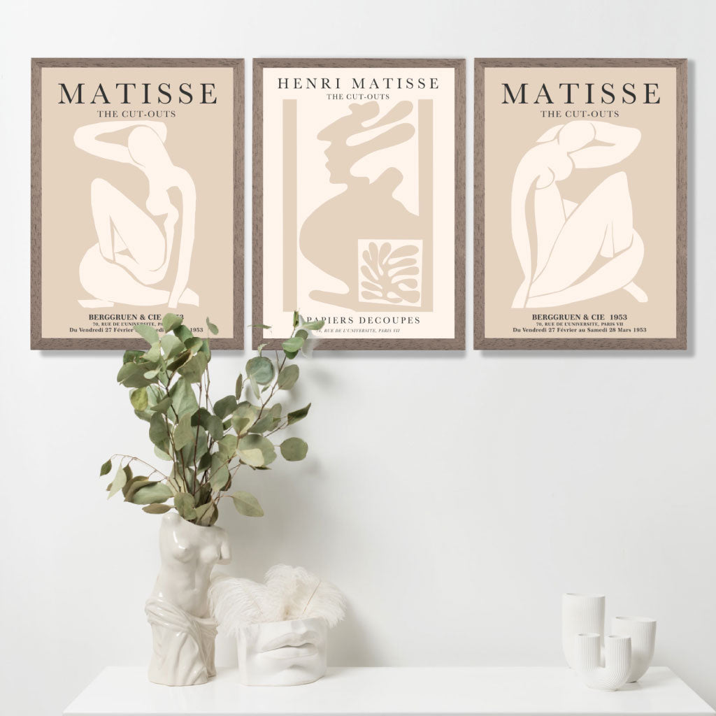 Set of 3 Matisse Minimal Beige Fashion Art Prints in Oak Frames | Artze UK