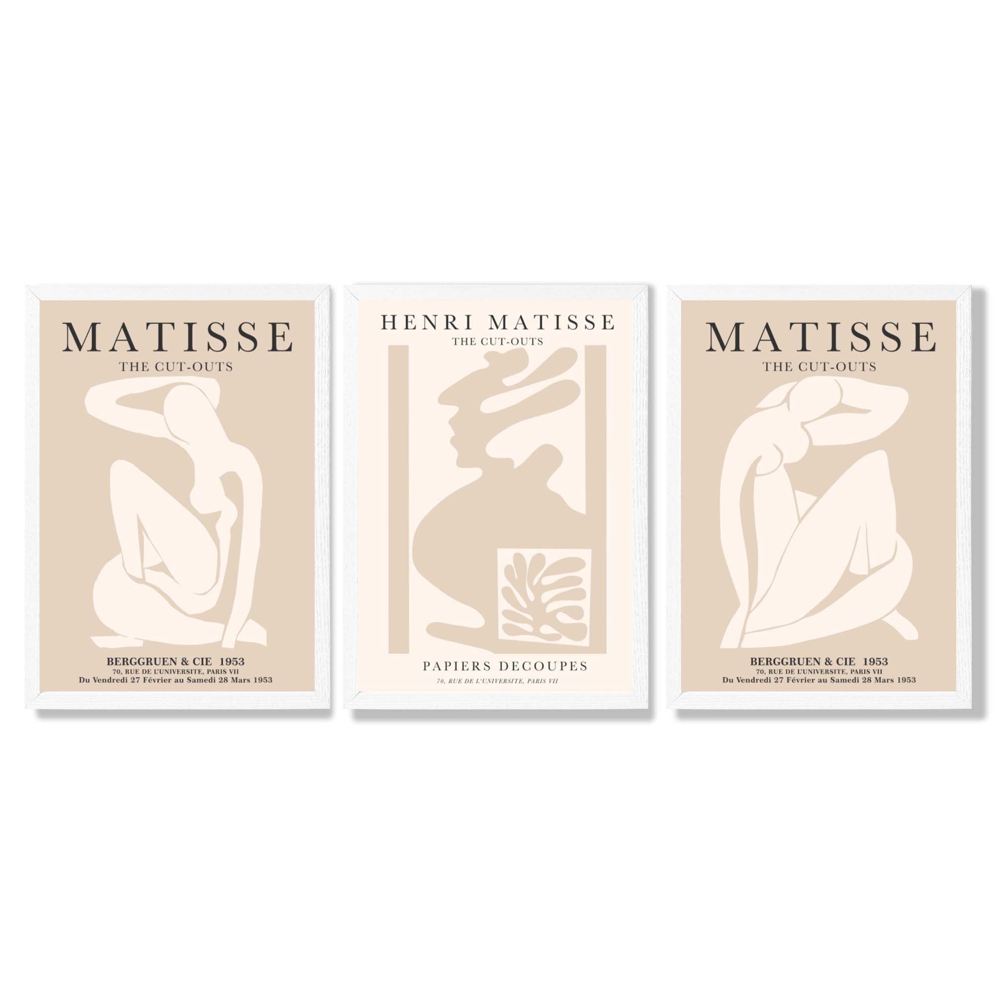 Set of 3 Matisse Minimal Beige Fashion Framed Wall Art with White Wooden Frames