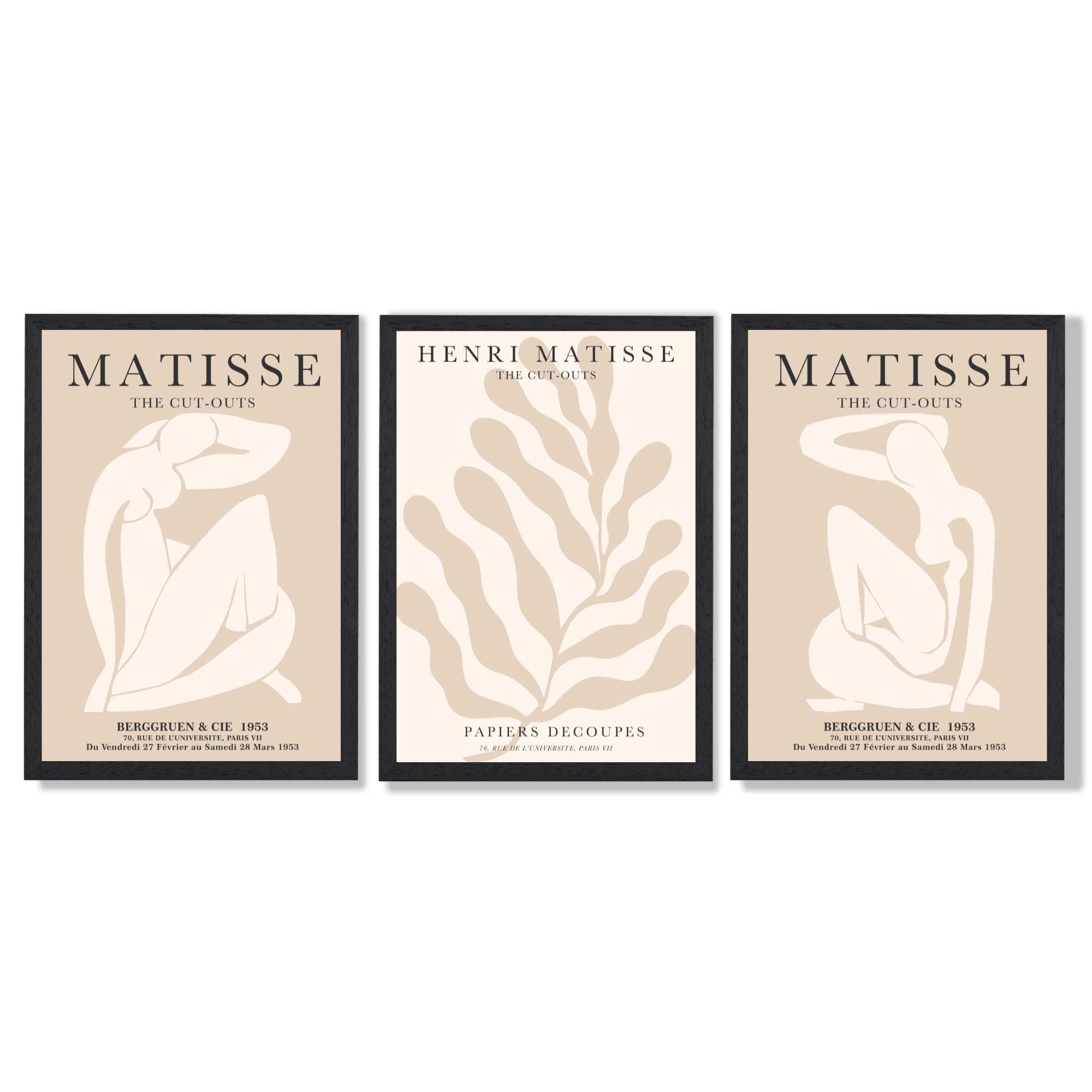 Set of 3 Matisse Minimal Beige Cutouts Framed Wall Art with Black Wooden Frames