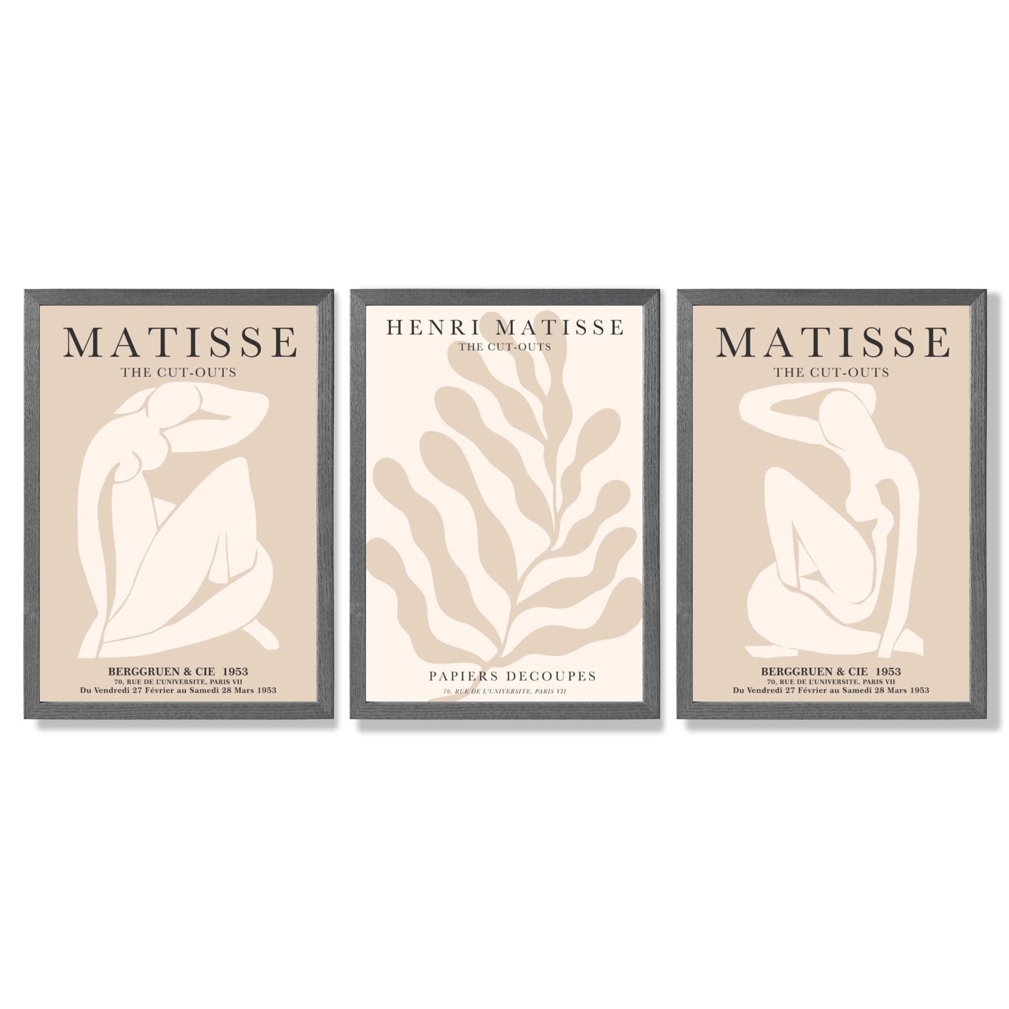 Set of 3 Matisse Minimal Beige Cutouts Framed Wall Art with Dark Grey Wooden Frames