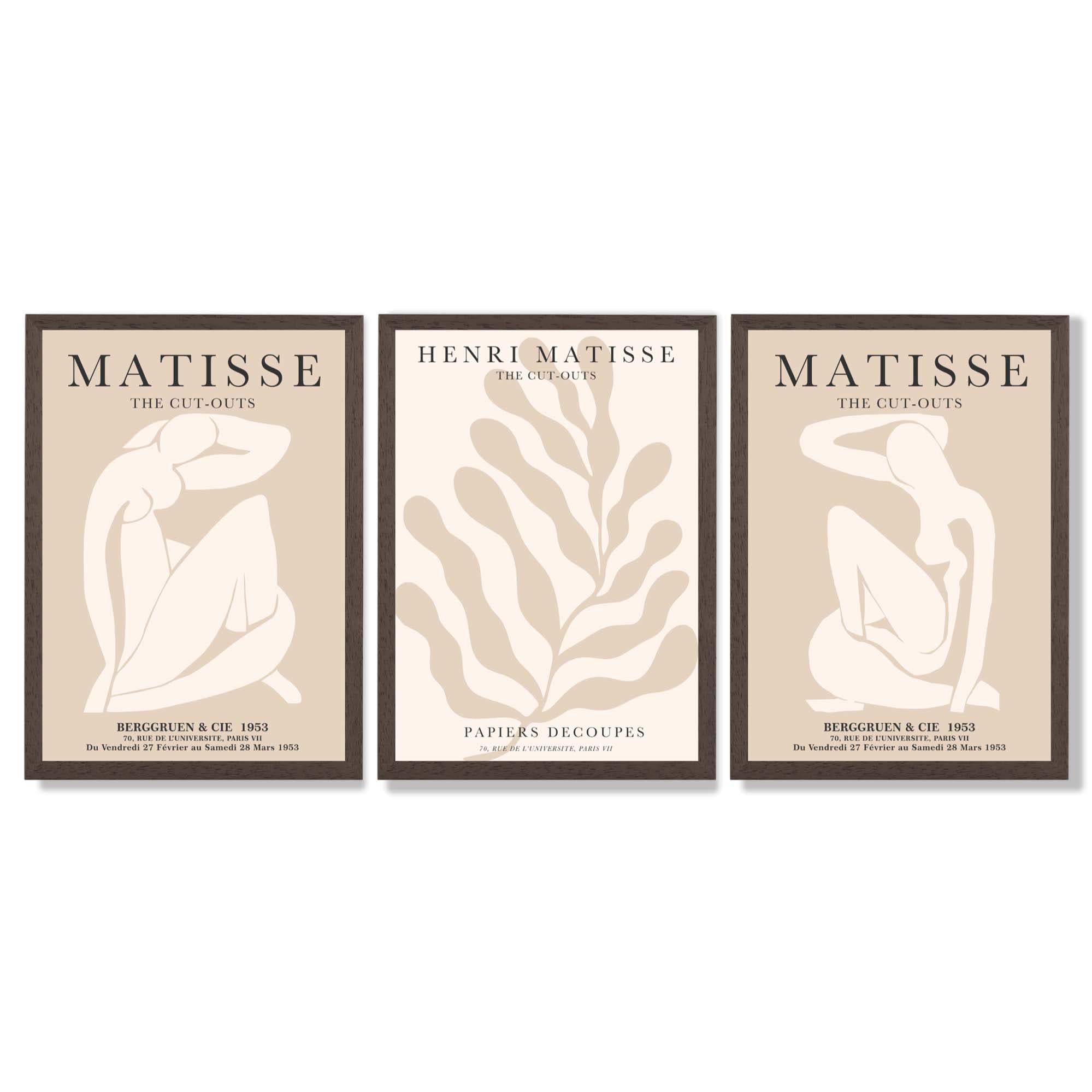 Set of 3 Matisse Minimal Beige Cutouts Framed Wall Art with Dark Wood Frames
