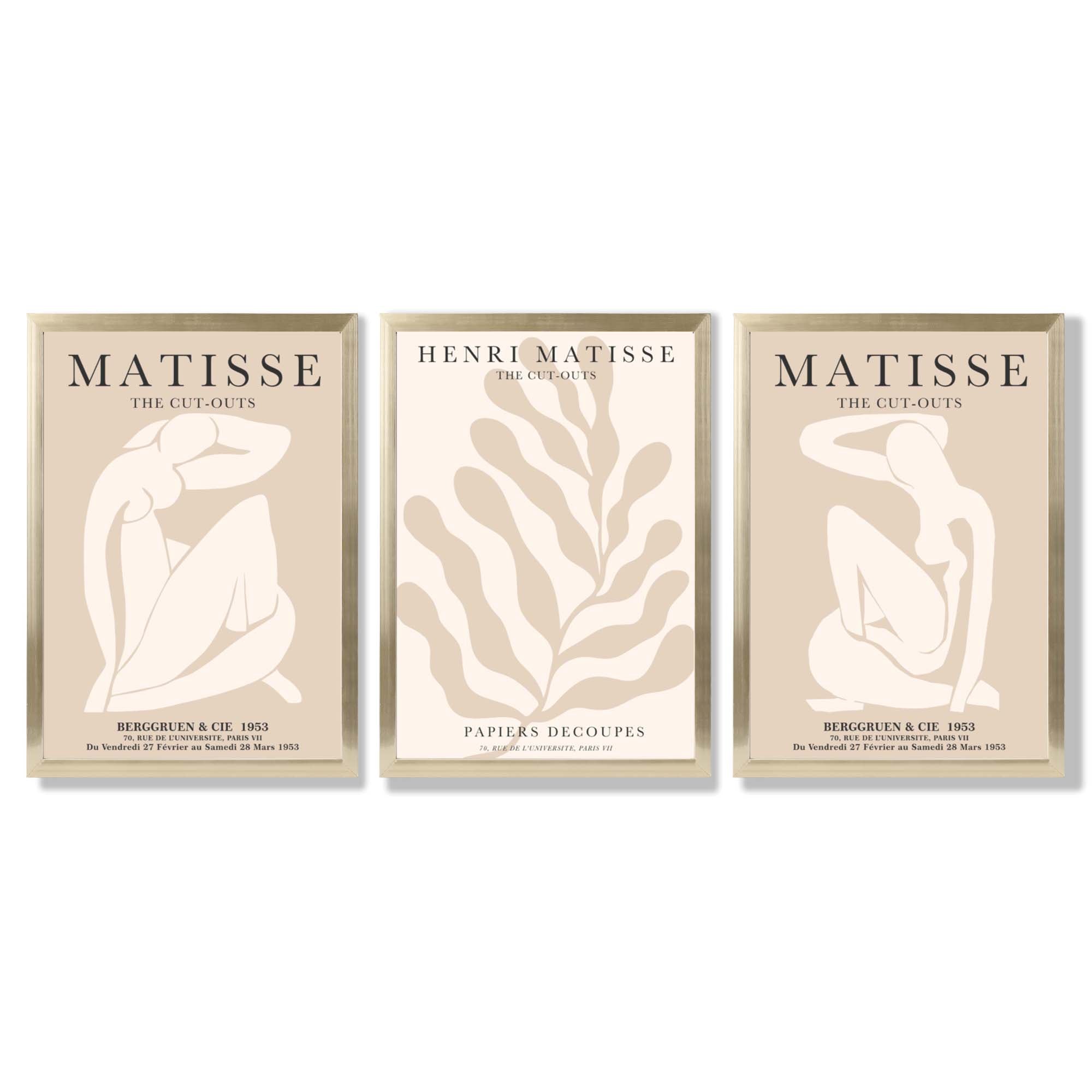 Set of 3 Matisse Minimal Beige Cutouts Framed Wall Art with Gold Wood Frames