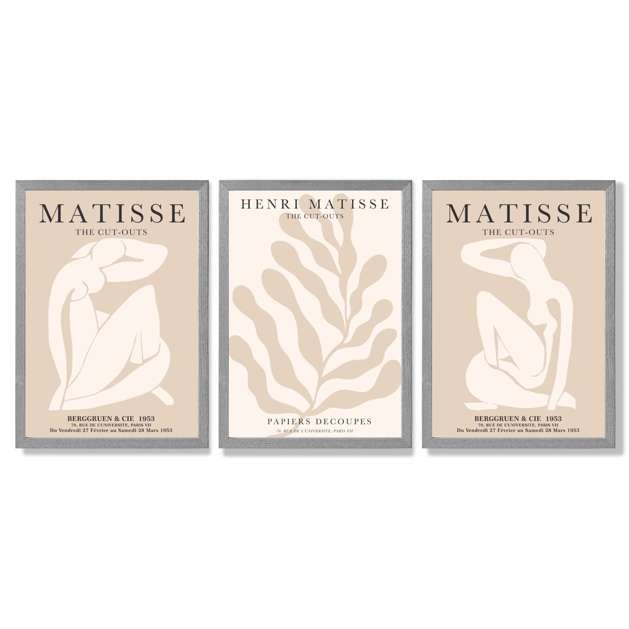 Set of 3 Matisse Minimal Beige Cutouts Framed Wall Art with Light Grey Wooden Frames