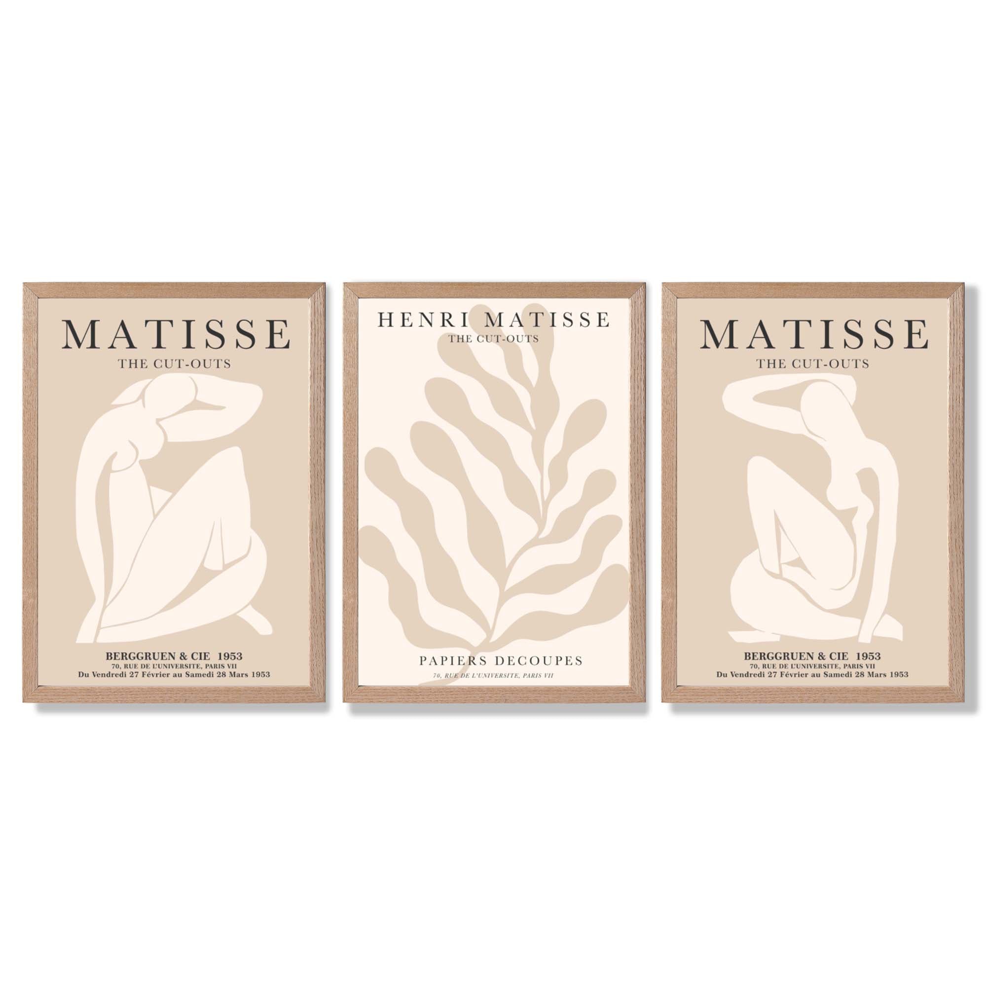 Set of 3 Matisse Minimal Beige Cutouts Framed Wall Art with Light Oak Frames