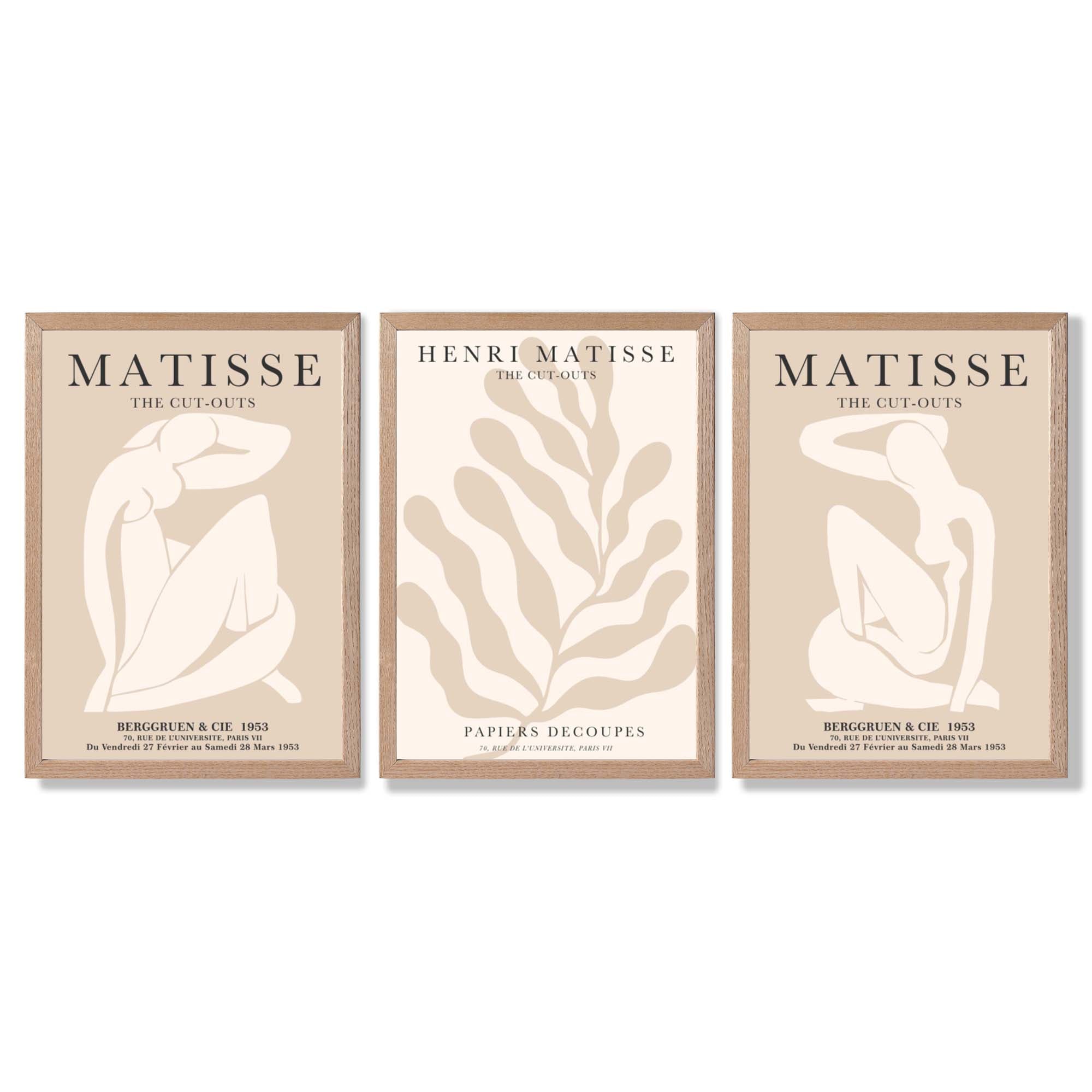 Set of 3 Matisse Minimal Beige Cutouts Framed Wall Art with Light Oak Frames