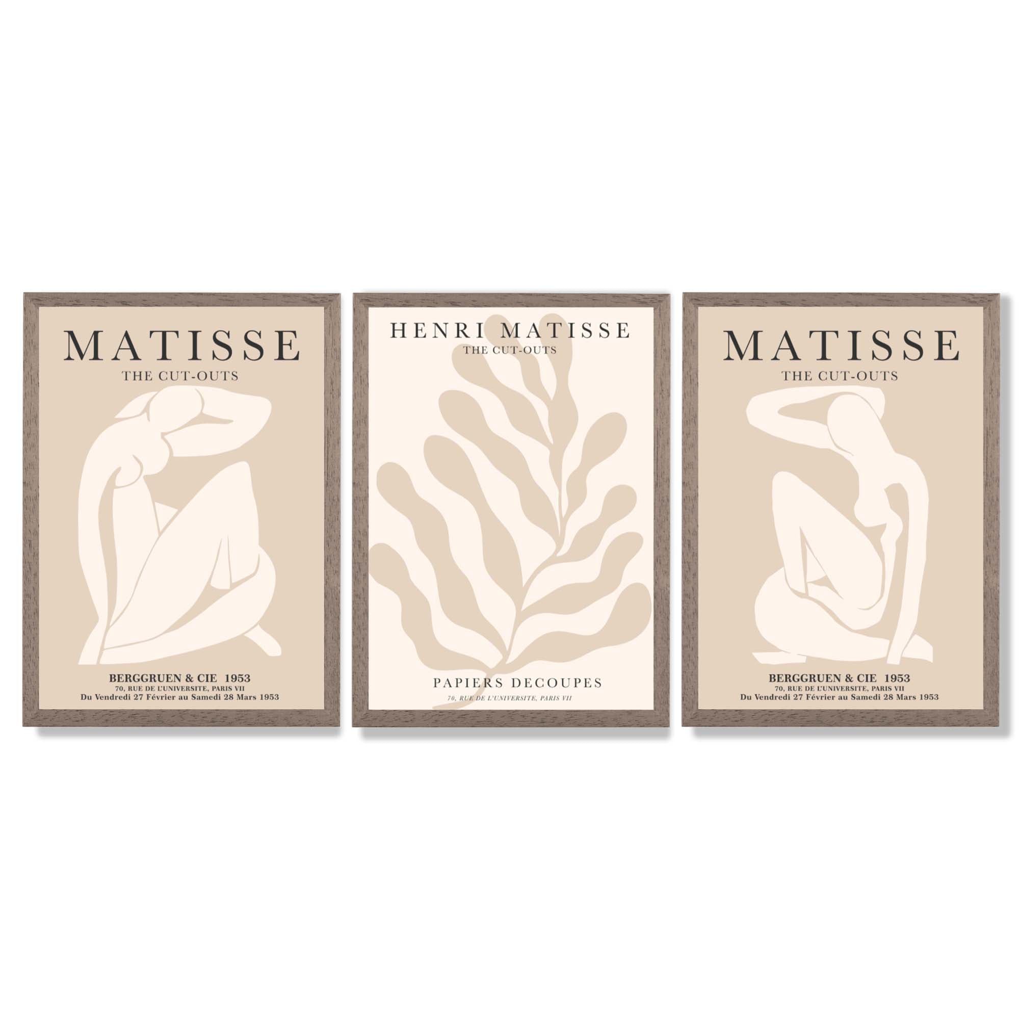 Set of 3 Matisse Minimal Beige Cutouts Framed Wall Art with Light Walnut Frames