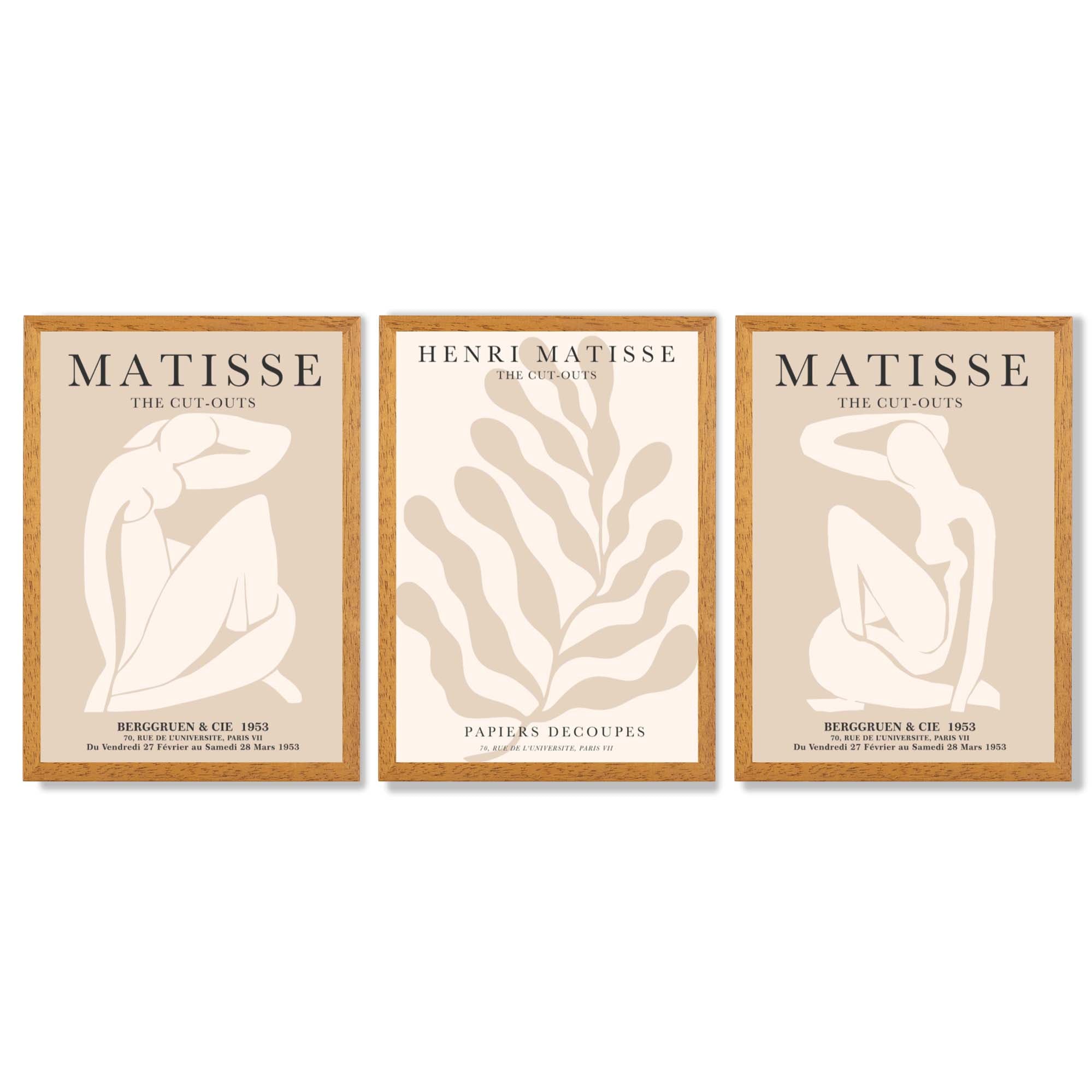 Set of 3 Matisse Minimal Beige Cutouts Framed Wall Art with Oak Wooden Frames