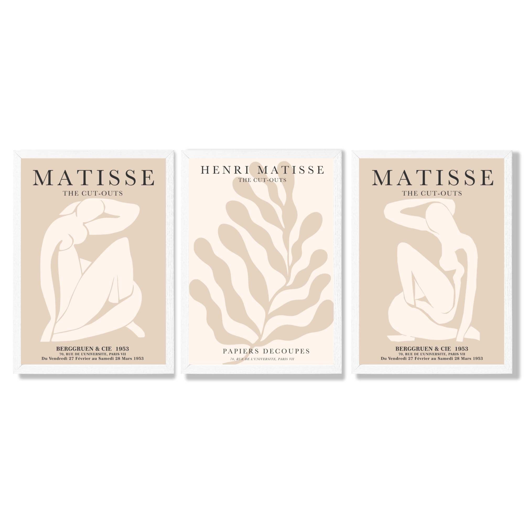 Set of 3 Matisse Minimal Beige Cutouts Framed Wall Art with White Wooden Frames