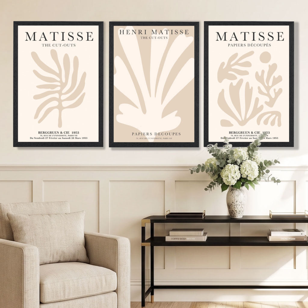 Set of 3 Matisse Botanical Beige Framed Wall Art with Black Wooden Frames