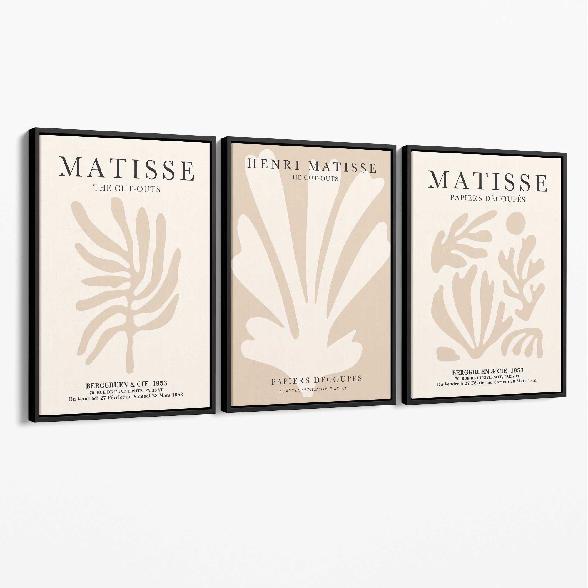 Set of 3 Matisse Botanical Beige Canvas Prints with Black Float Frame