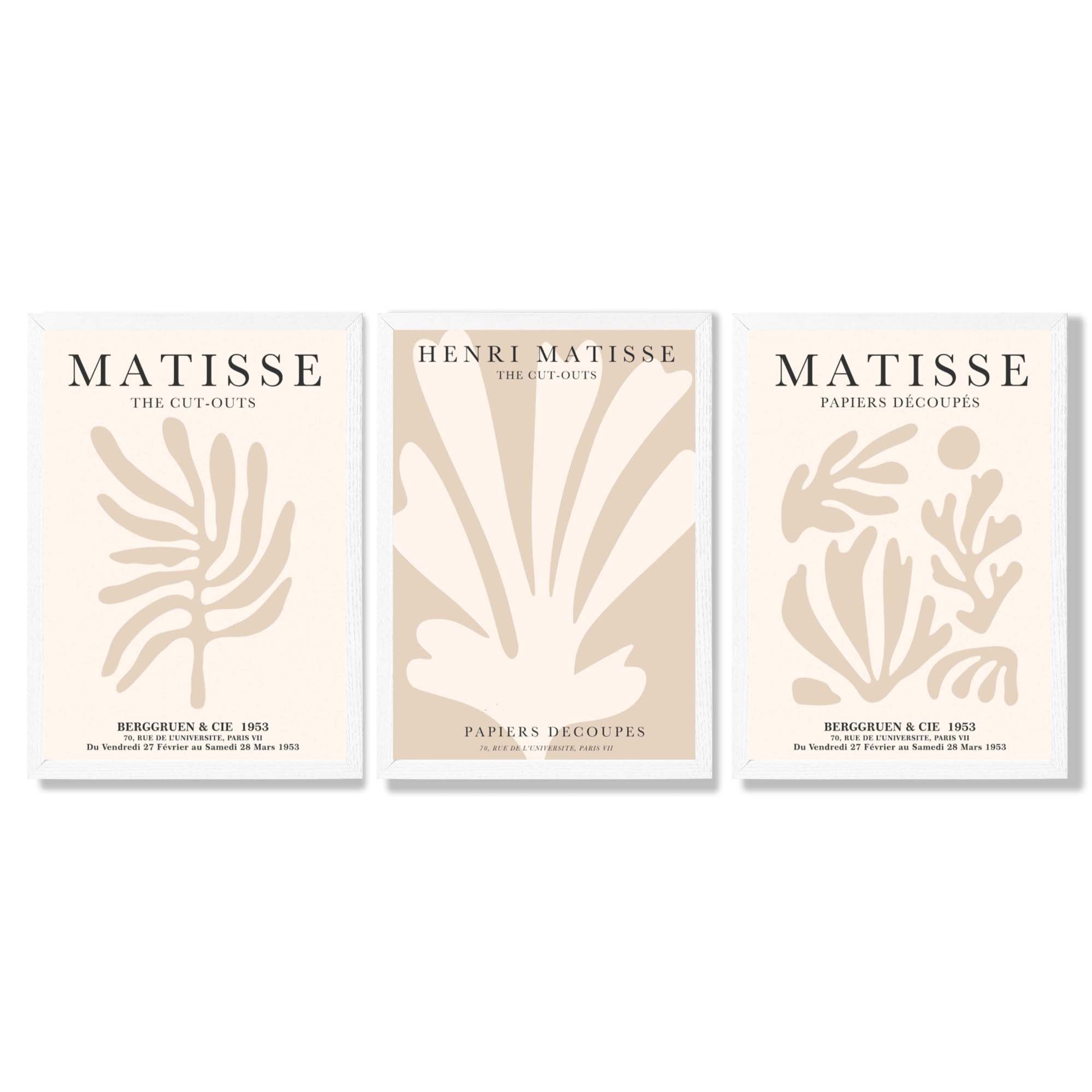 Set of 3 Matisse Botanical Beige Framed Wall Art with White Wooden Frames