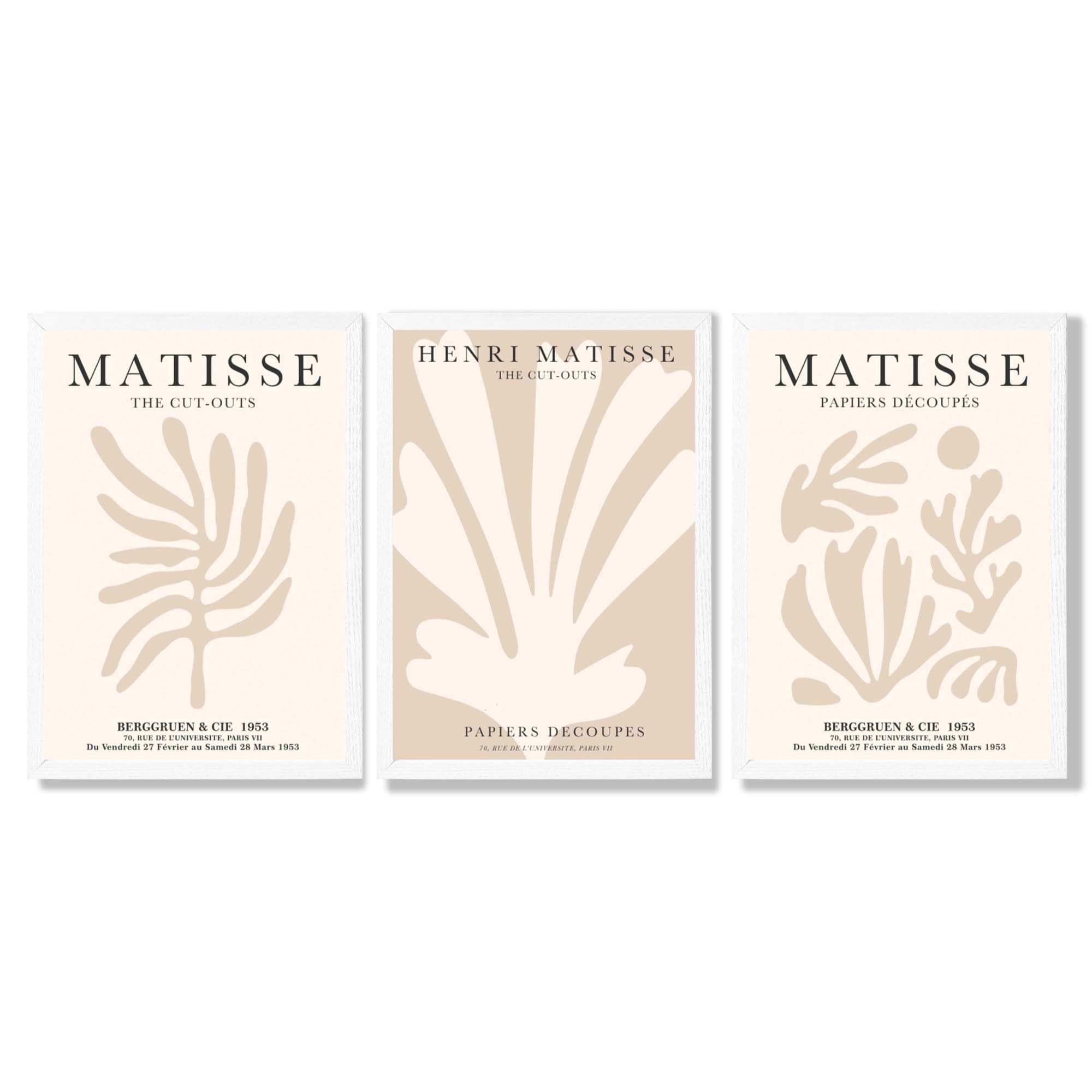 Set of 3 Matisse Botanical Beige Framed Wall Art with White Wooden Frames