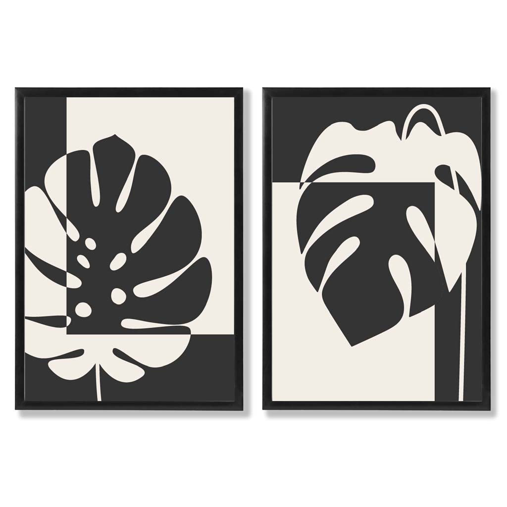 Black and Beige Monstera Set of 2 Art Prints with Black Frame