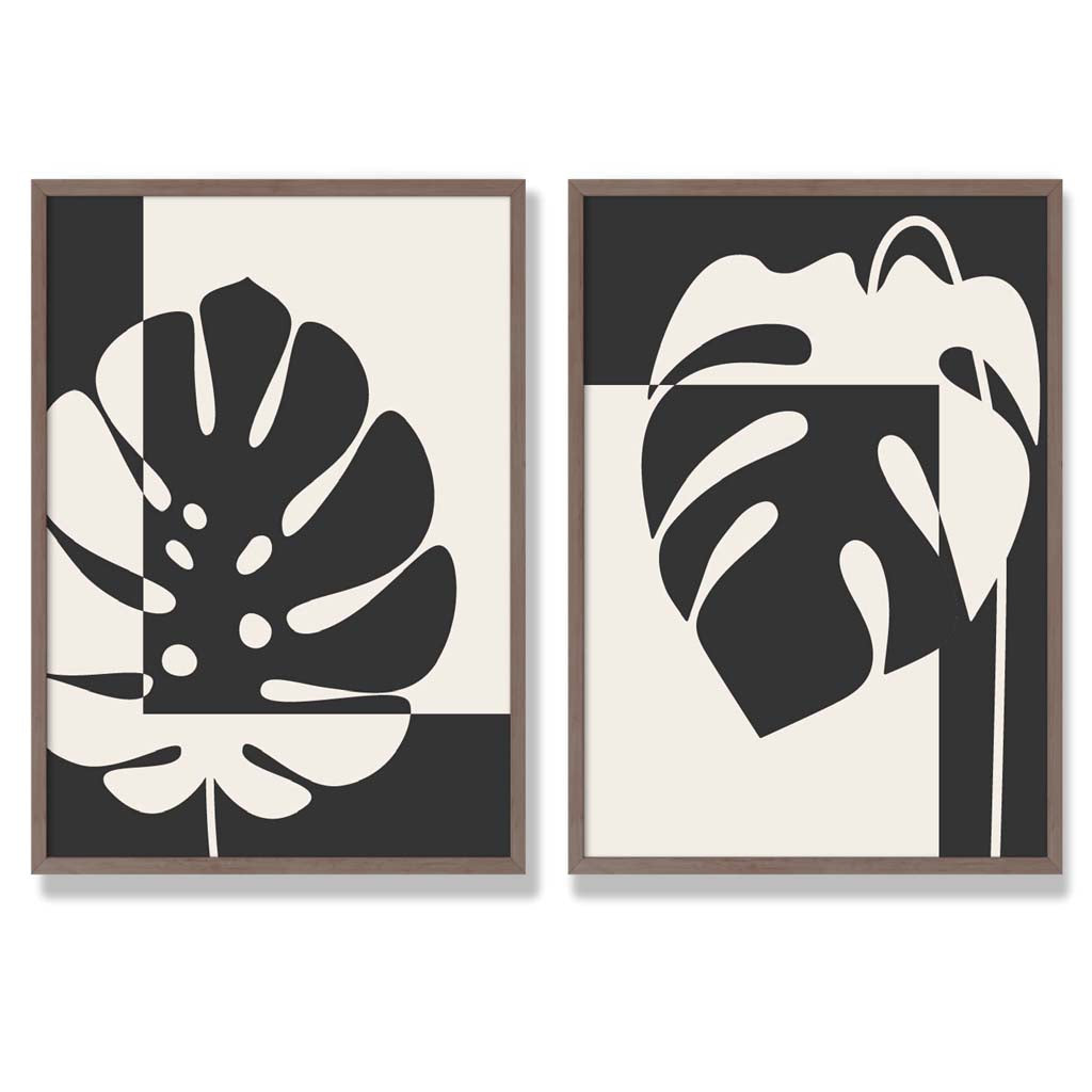 Black and Beige Monstera Set of 2 Art Prints with Walnut Frame