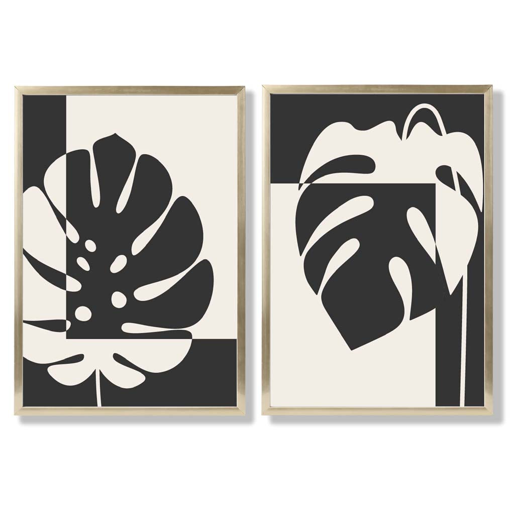 Black and Beige Monstera Set of 2 Art Prints with Gold Frame
