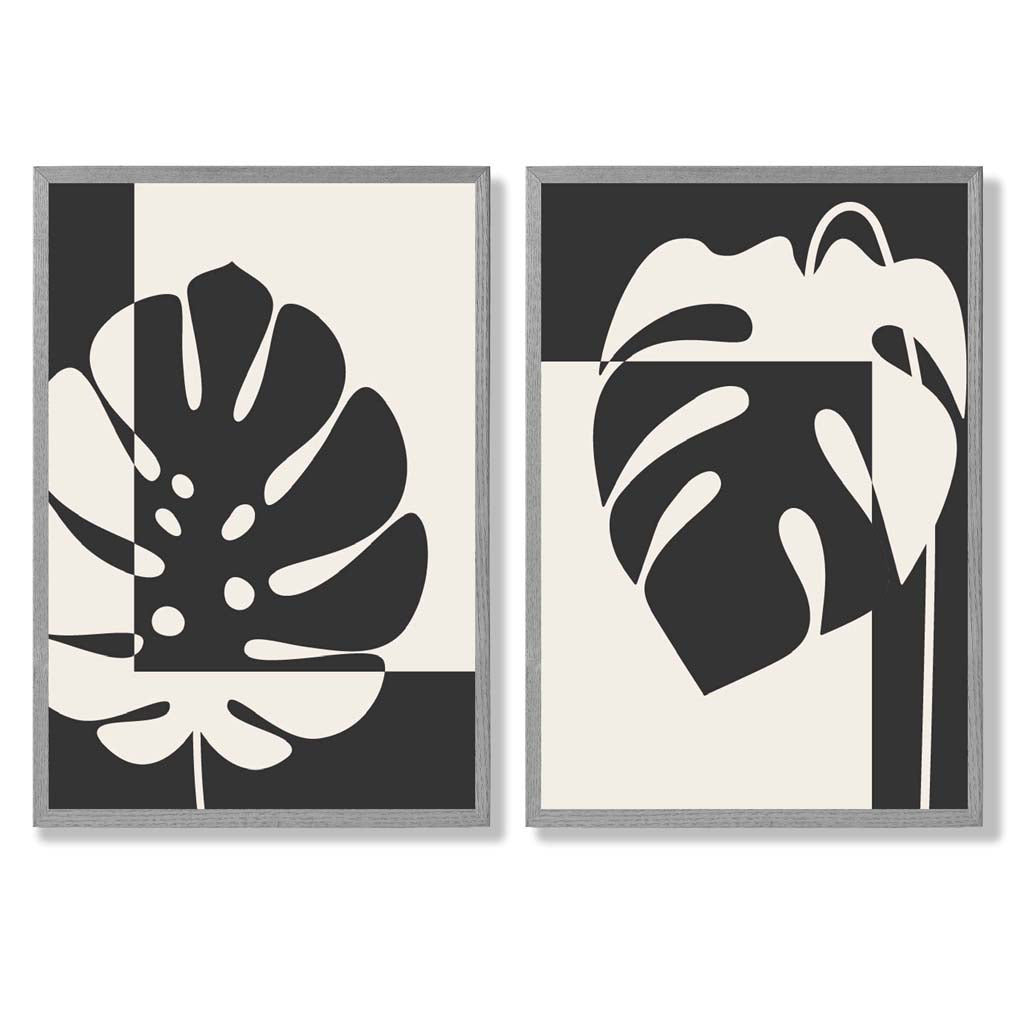 Black and Beige Monstera Set of 2 Art Prints with Light Grey Frame