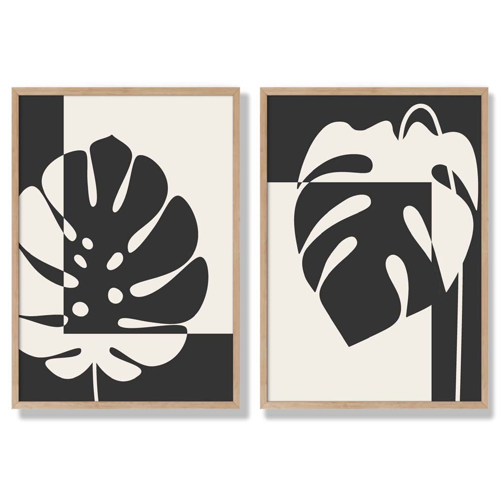 Black and Beige Monstera Set of 2 Art Prints with Oak Frame