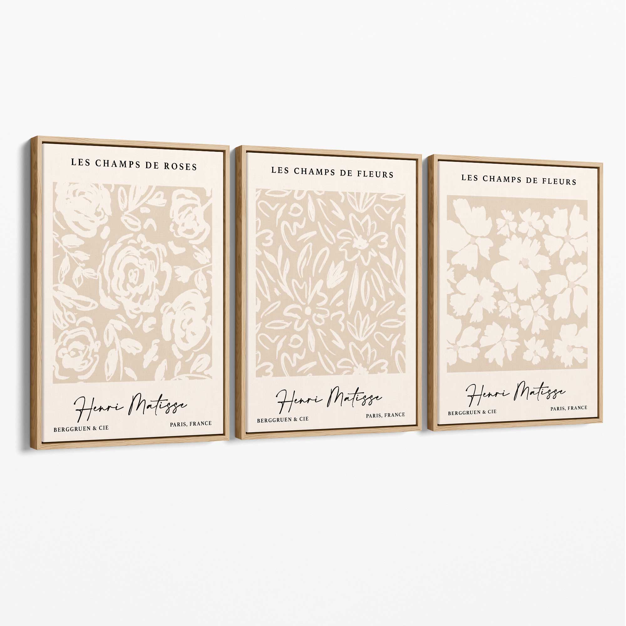 Set of 3 Floral Matisse Roses in Beige Canvas Prints with Oak Float Frame