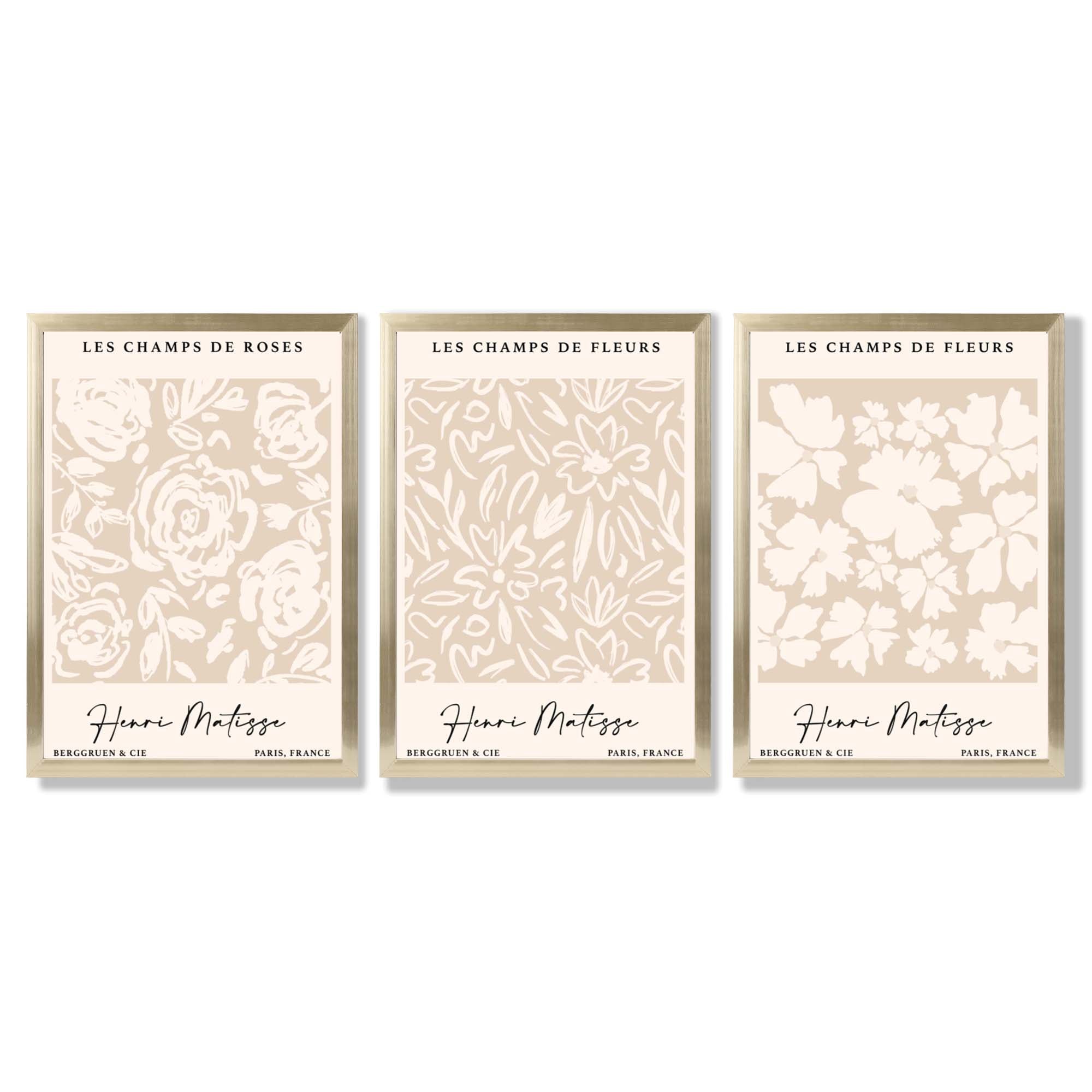 Set of 3 Floral Matisse Roses in Beige Framed Wall Art with Gold Wood Frames