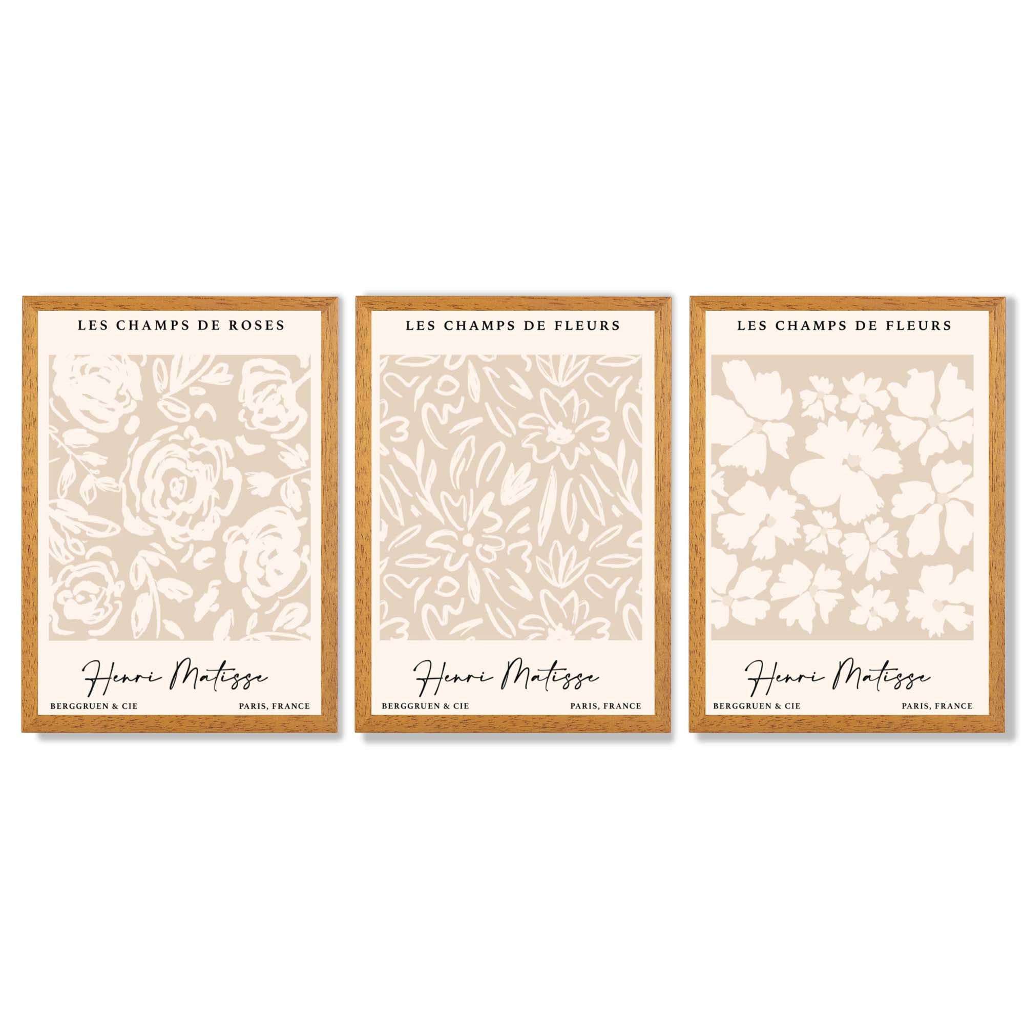 Set of 3 Floral Matisse Roses in Beige Framed Wall Art with Oak Wooden Frames
