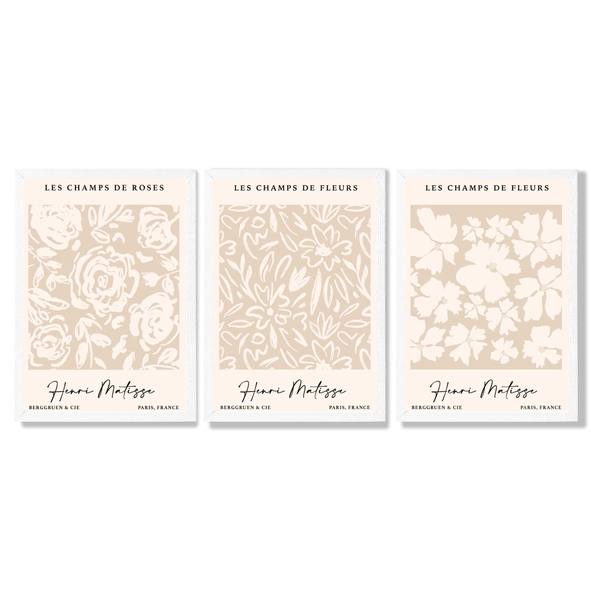 Set of 3 Floral Matisse Roses in Beige Framed Wall Art with White Wooden Frames
