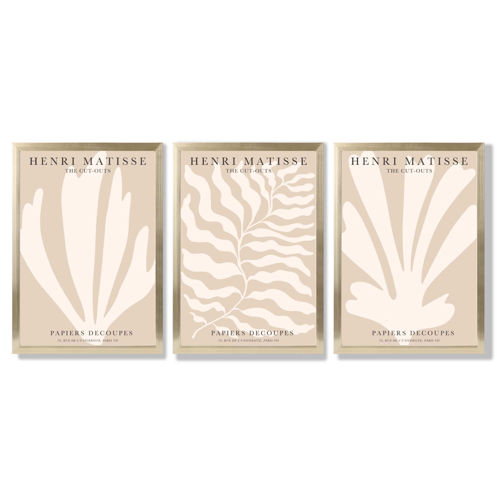 Set of 3 Matisse Botanical in Warm Beige Framed Wall Art with Gold Wood Frames