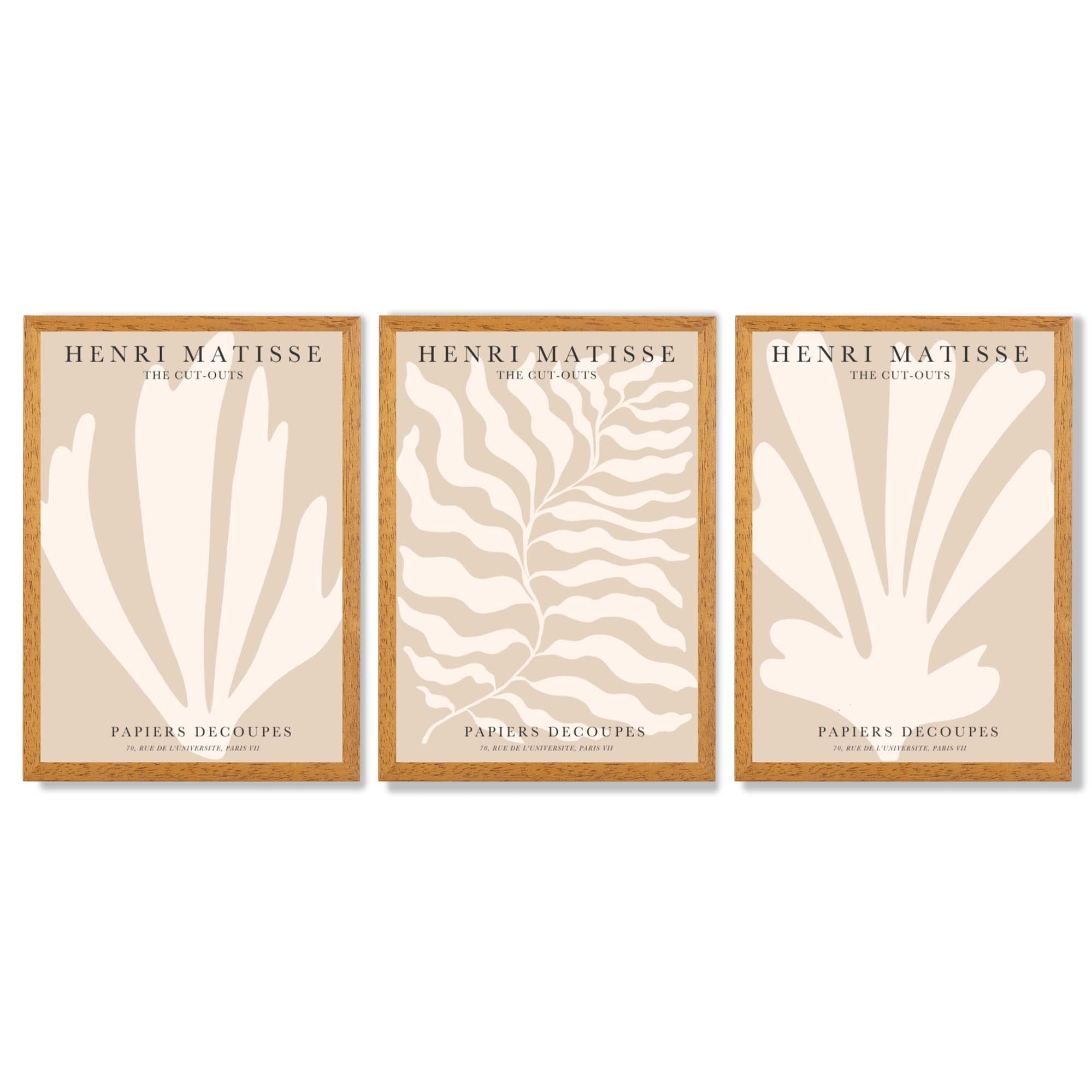 Set of 3 Matisse Botanical in Warm Beige Framed Wall Art with Oak Wooden Frames
